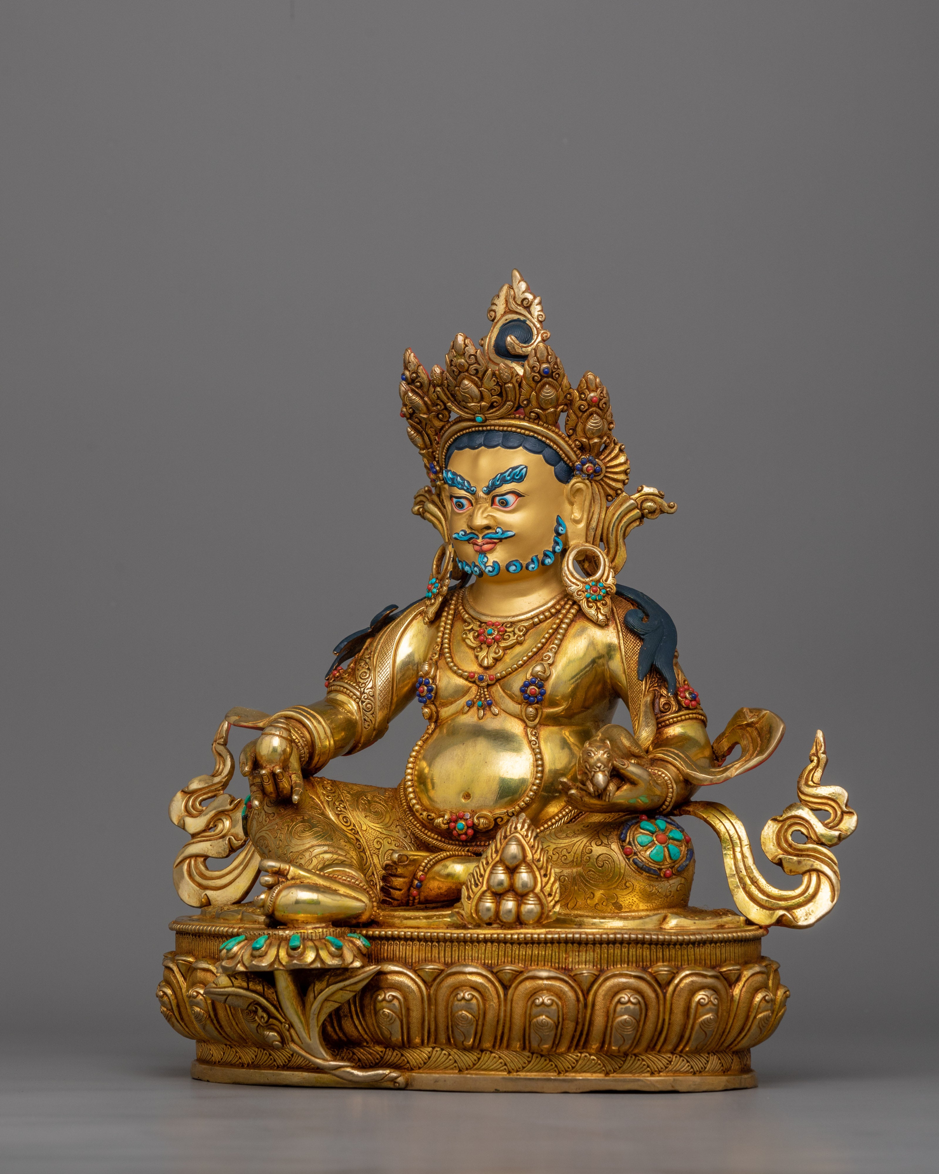 13-Inch 24K Gold-Gilded Dzambhala Statue | Gemstone-Embellished Sculpture