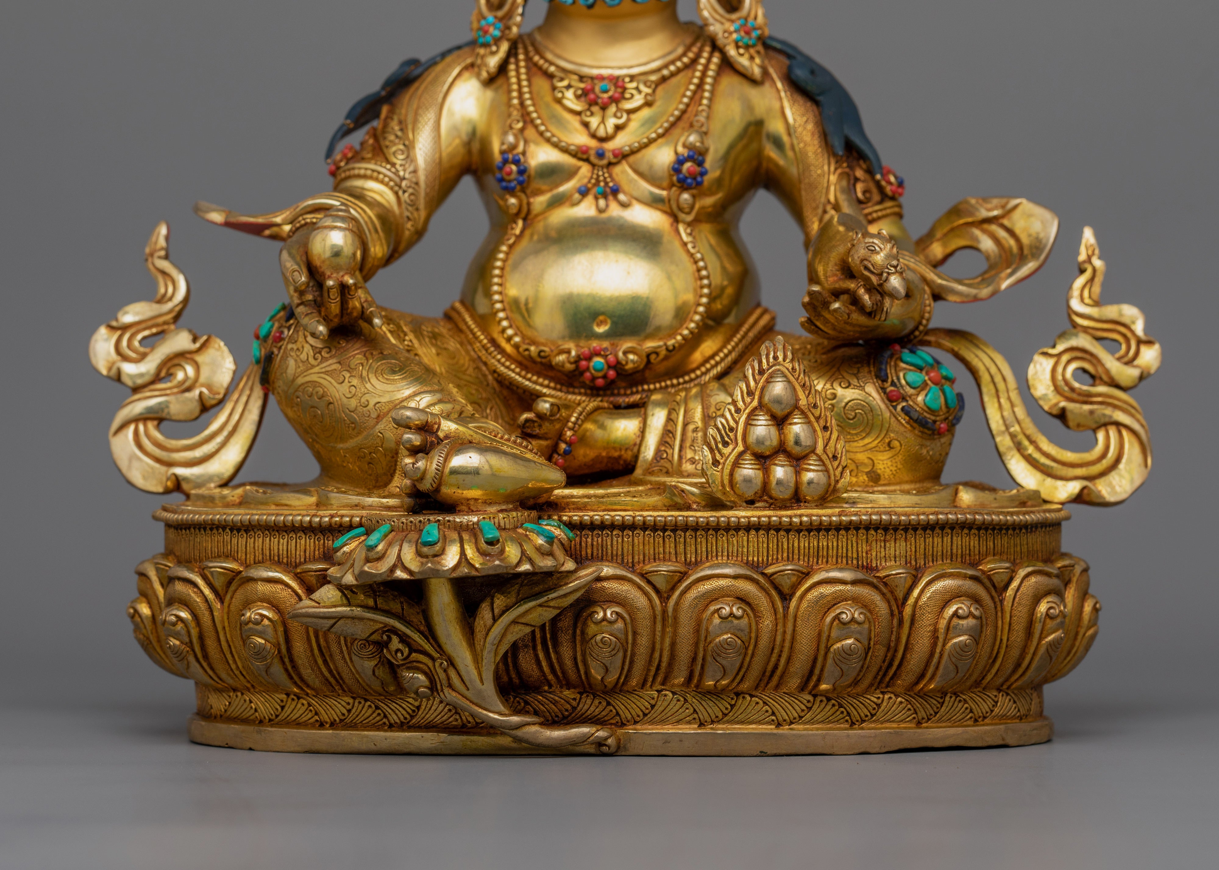 13-Inch 24K Gold-Gilded Dzambhala Statue | Gemstone-Embellished Sculpture