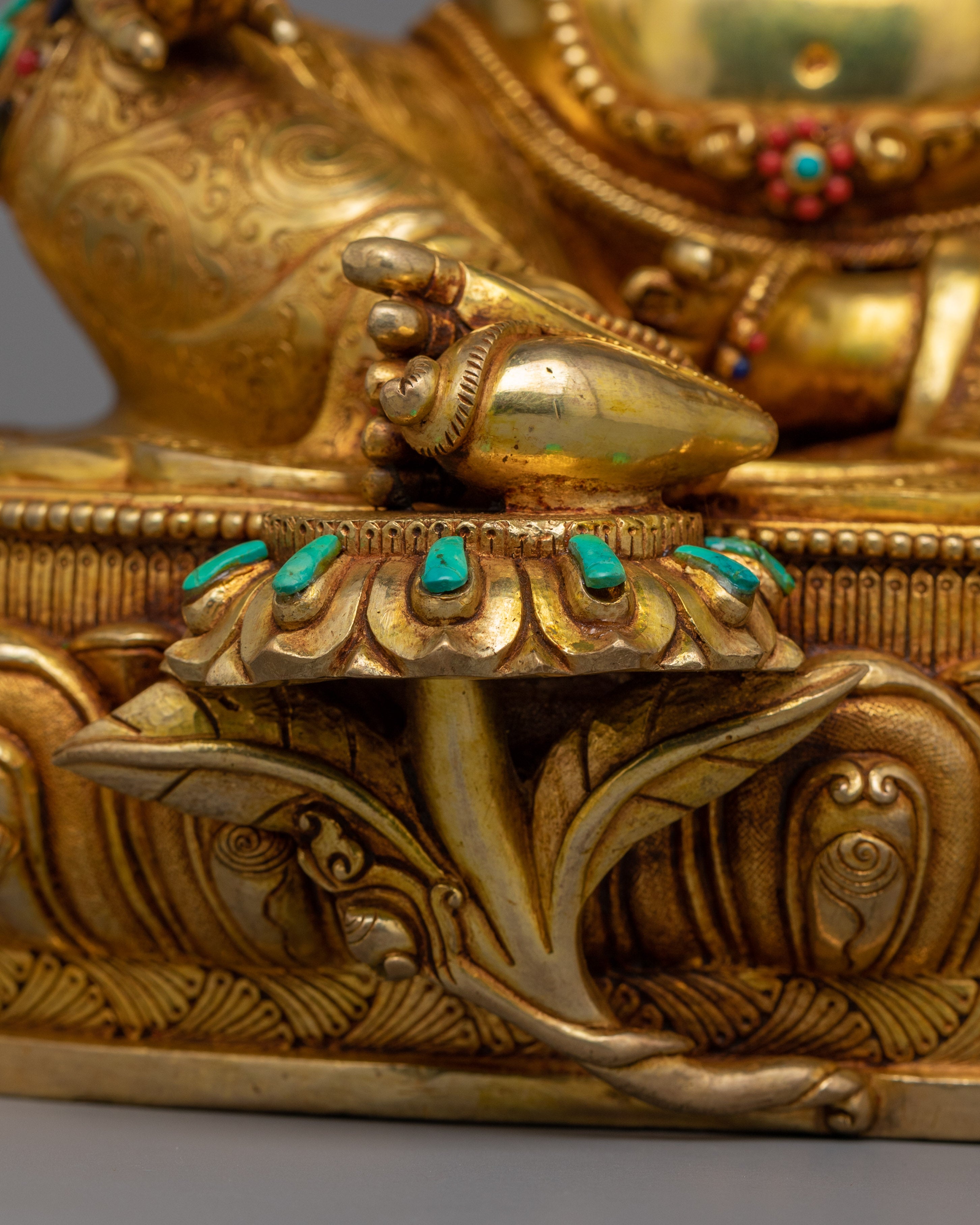 13-Inch 24K Gold-Gilded Dzambhala Statue | Gemstone-Embellished Sculpture