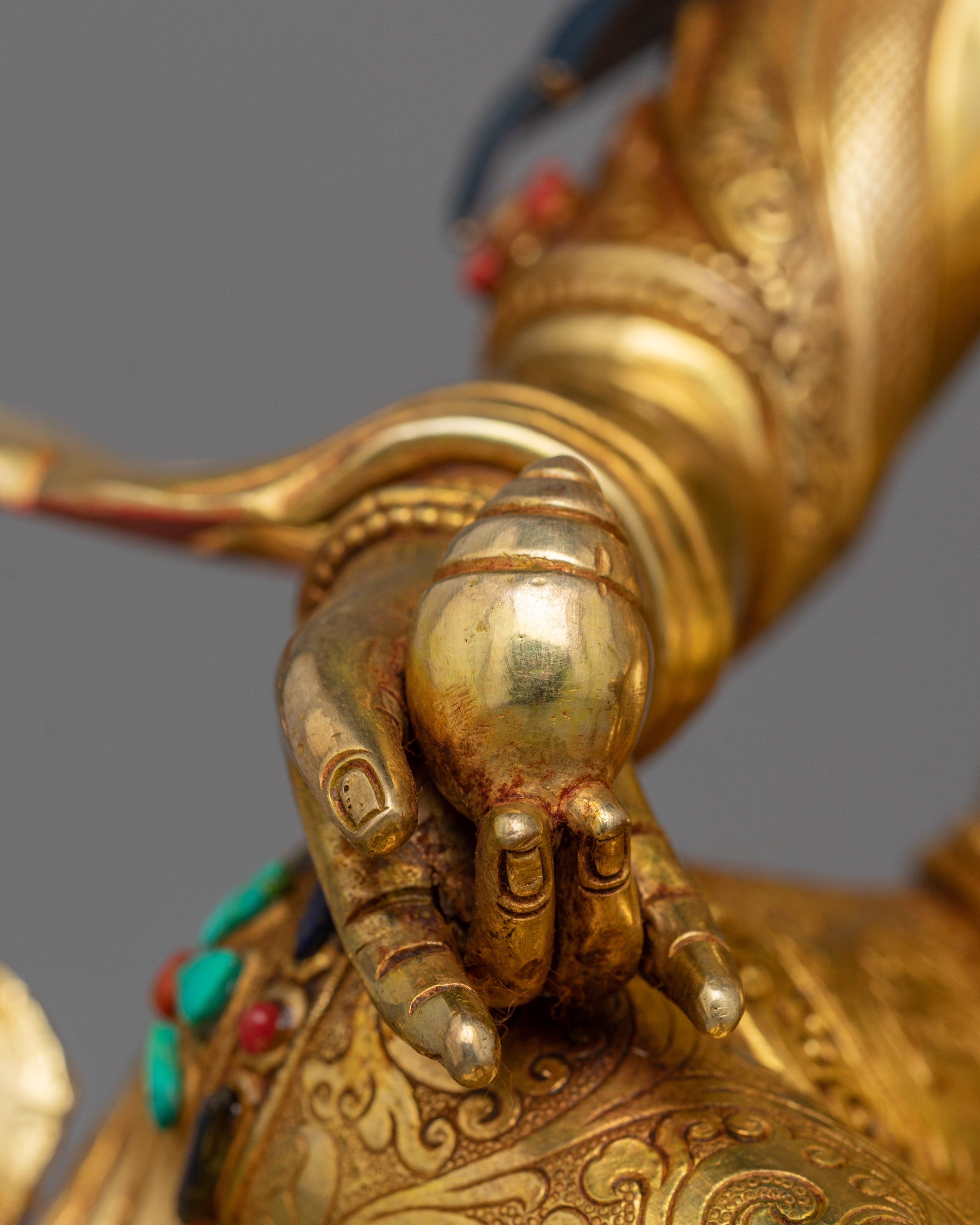 13-Inch 24K Gold-Gilded Dzambhala Statue | Gemstone-Embellished Sculpture