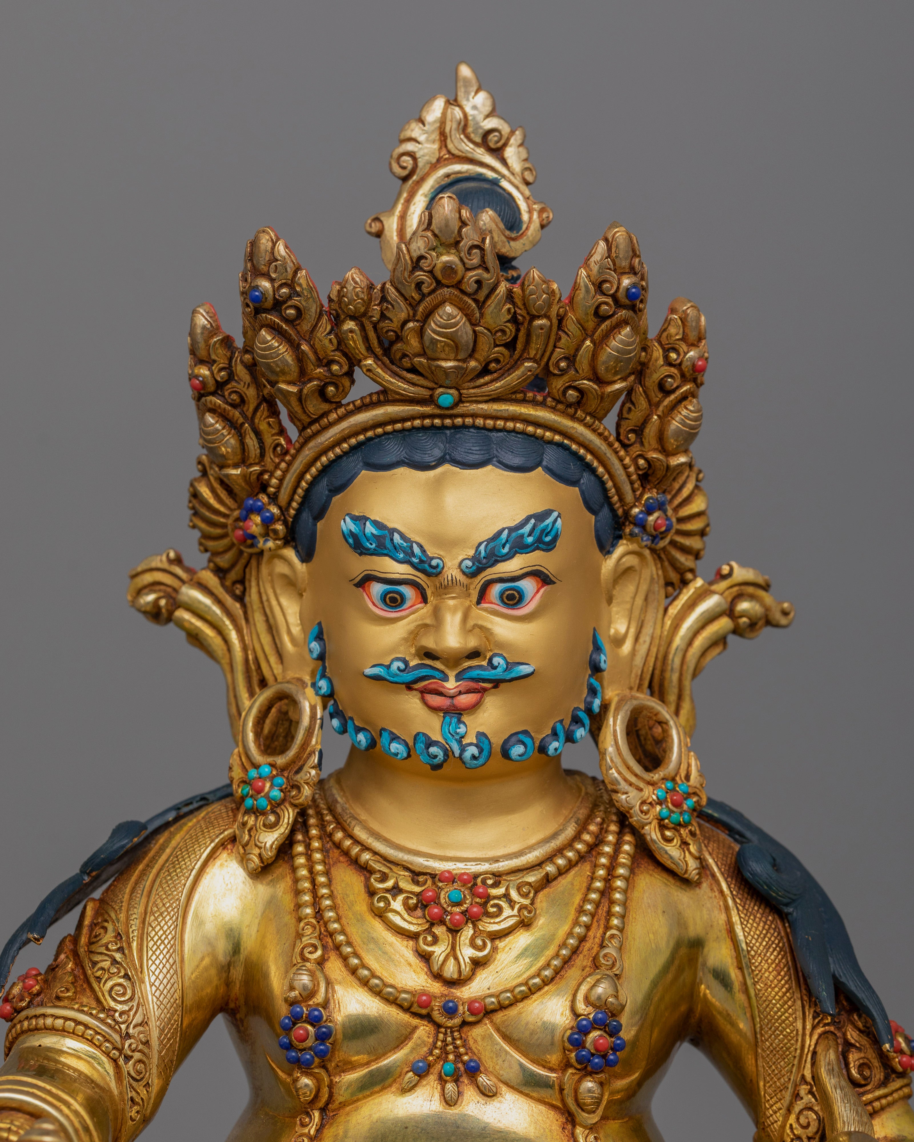 13-Inch 24K Gold-Gilded Dzambhala Statue | Gemstone-Embellished Sculpture