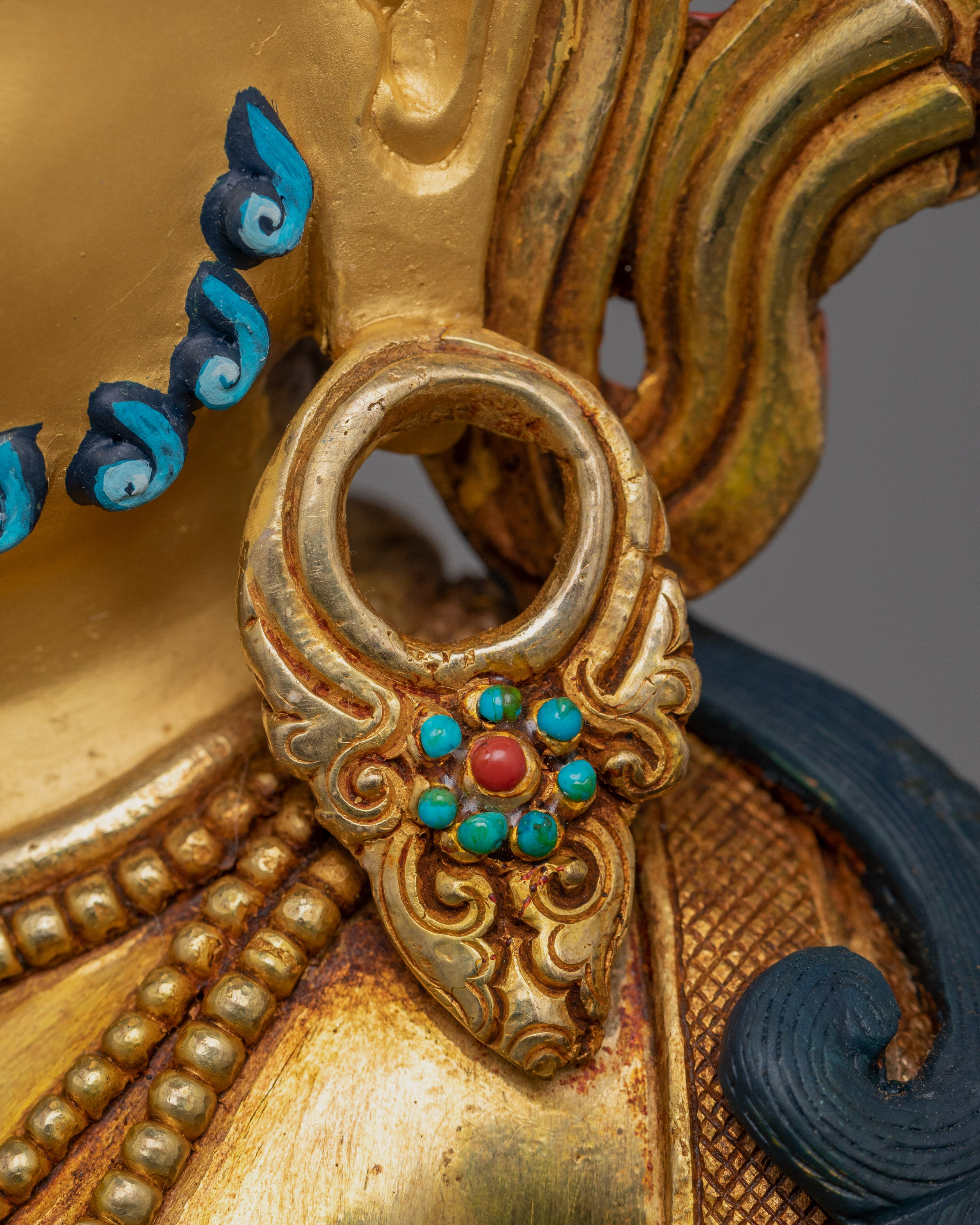 13-Inch 24K Gold-Gilded Dzambhala Statue | Gemstone-Embellished Sculpture