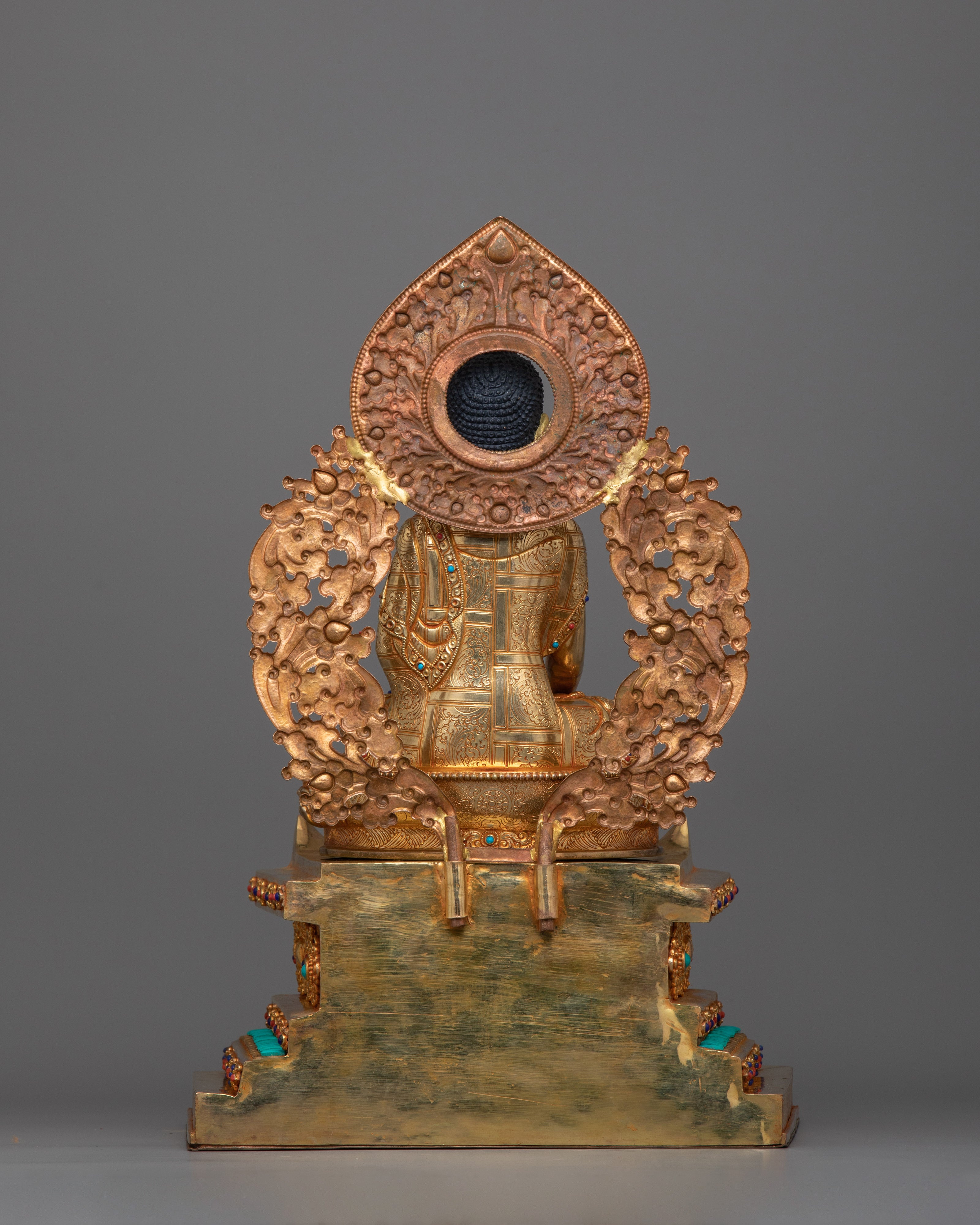 24 Karat Gold-Gilded Shakyamuni Buddha Statue | Gemstone-Studded Copper Art