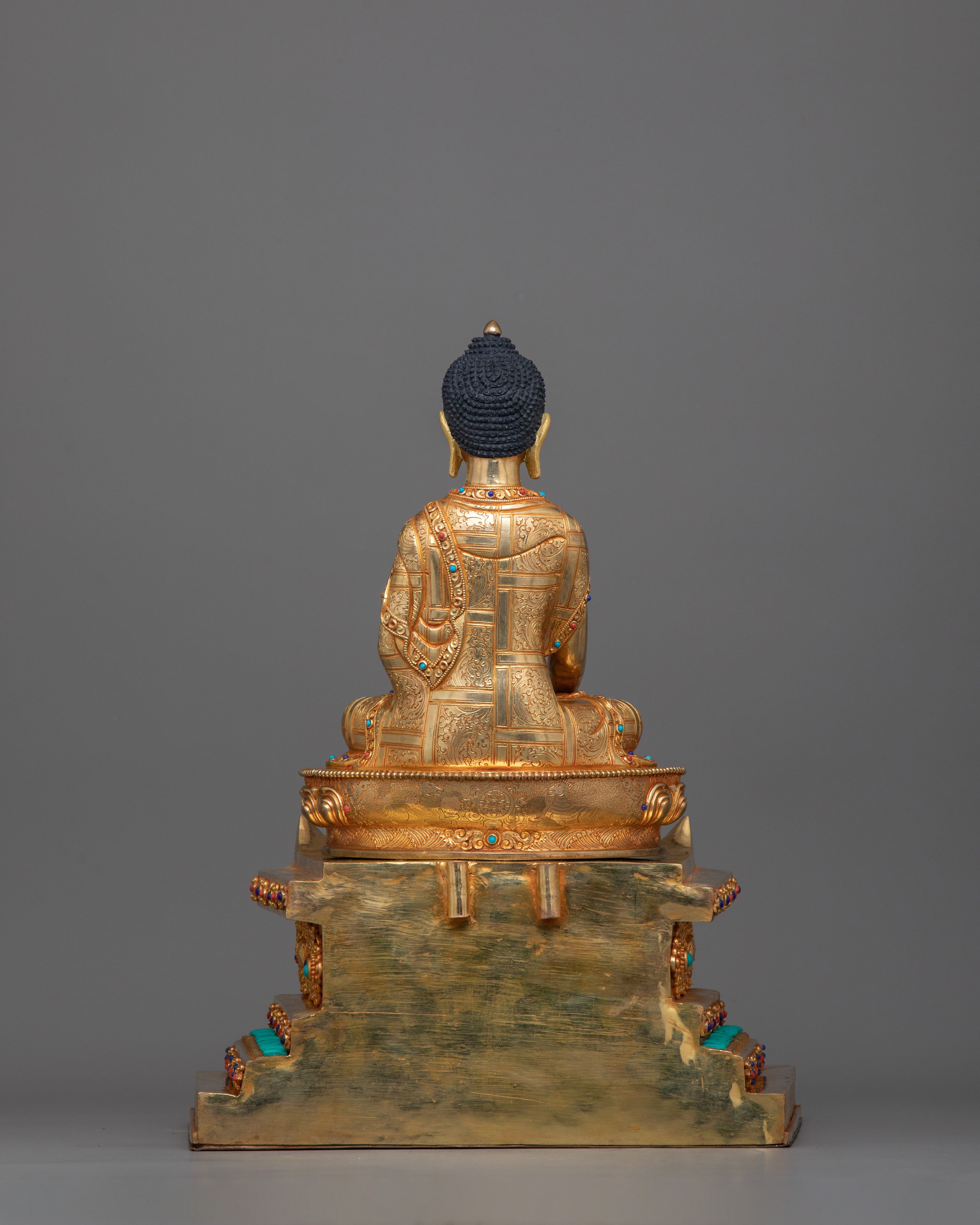 24 Karat Gold-Gilded Shakyamuni Buddha Statue | Gemstone-Studded Copper Art