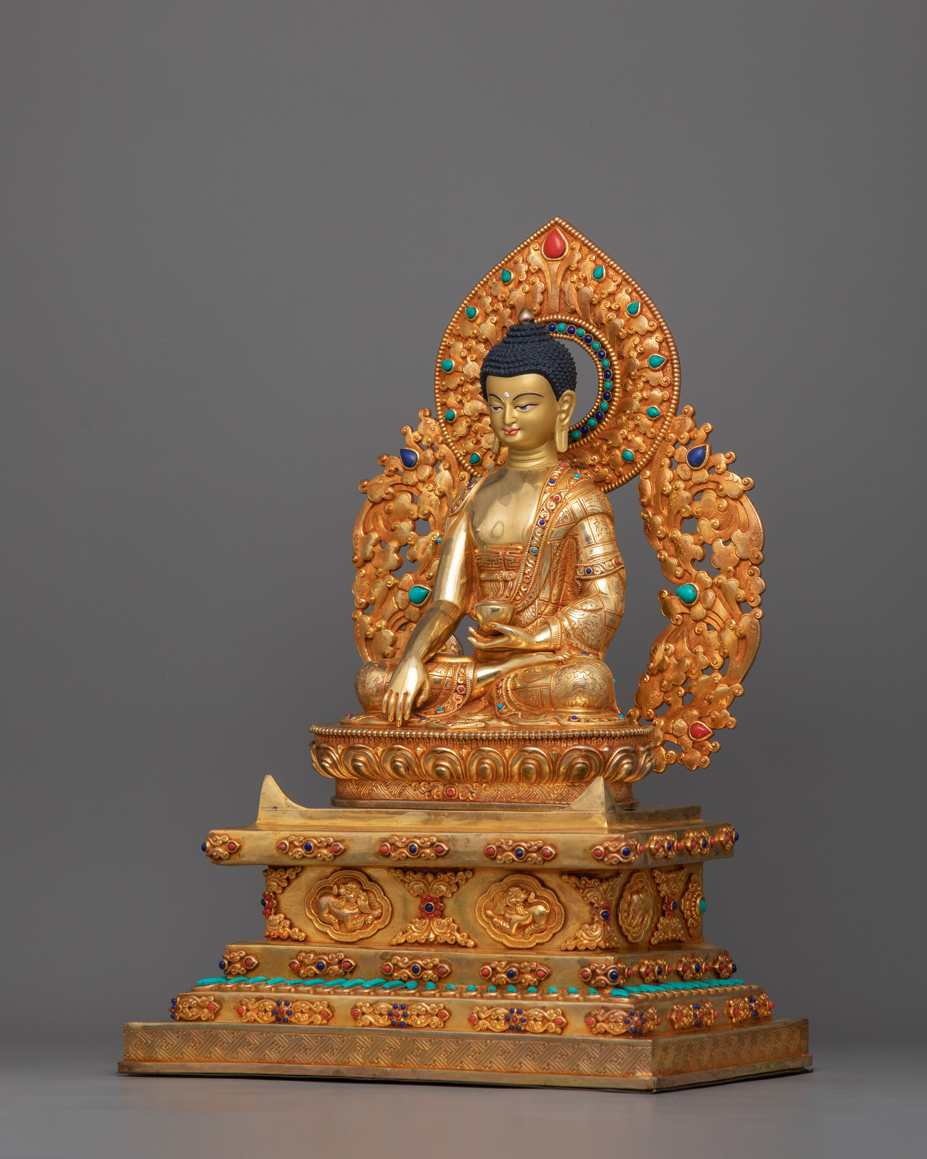 24 Karat Gold-Gilded Shakyamuni Buddha Statue | Gemstone-Studded Copper Art