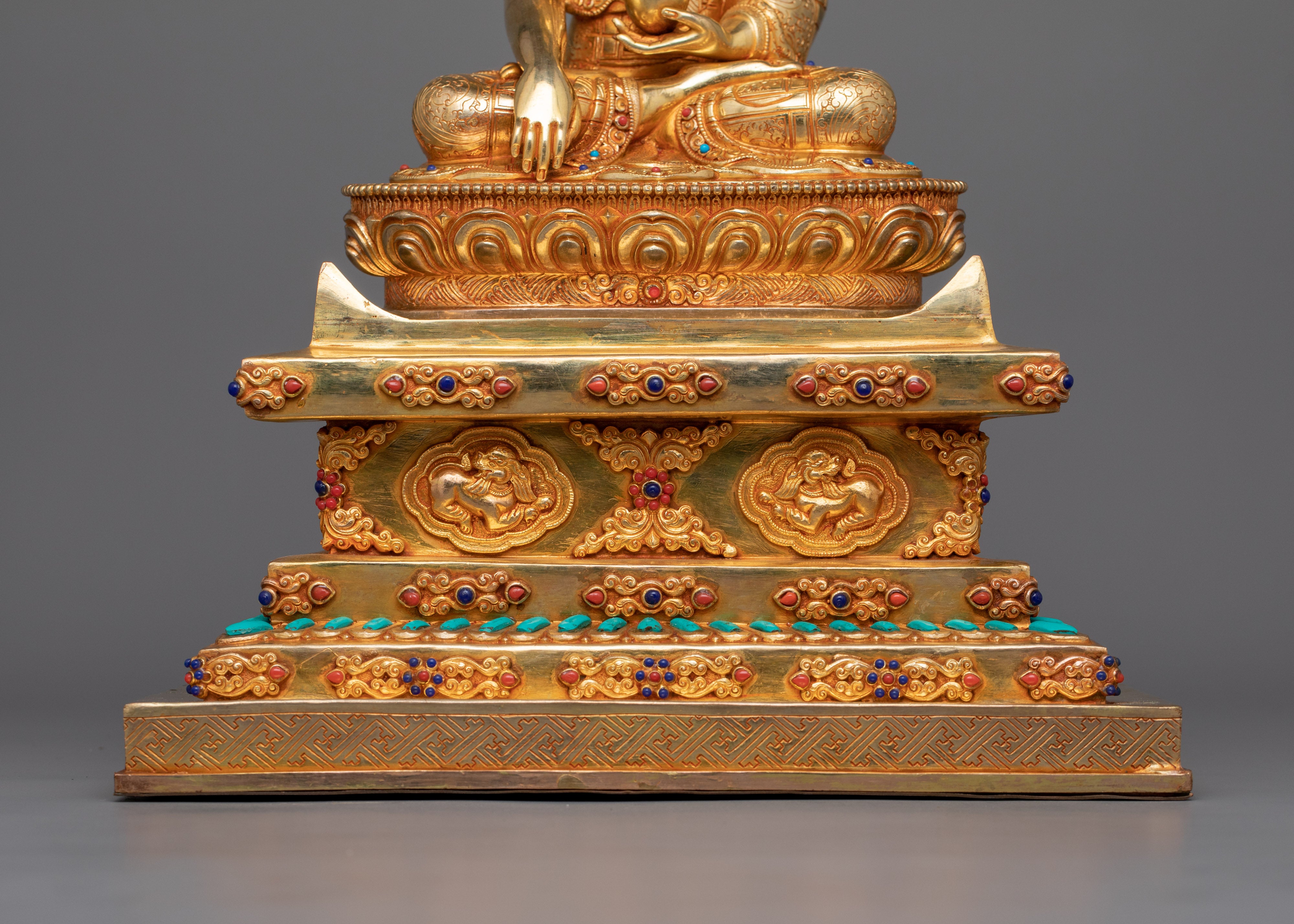 24 Karat Gold-Gilded Shakyamuni Buddha Statue | Gemstone-Studded Copper Art