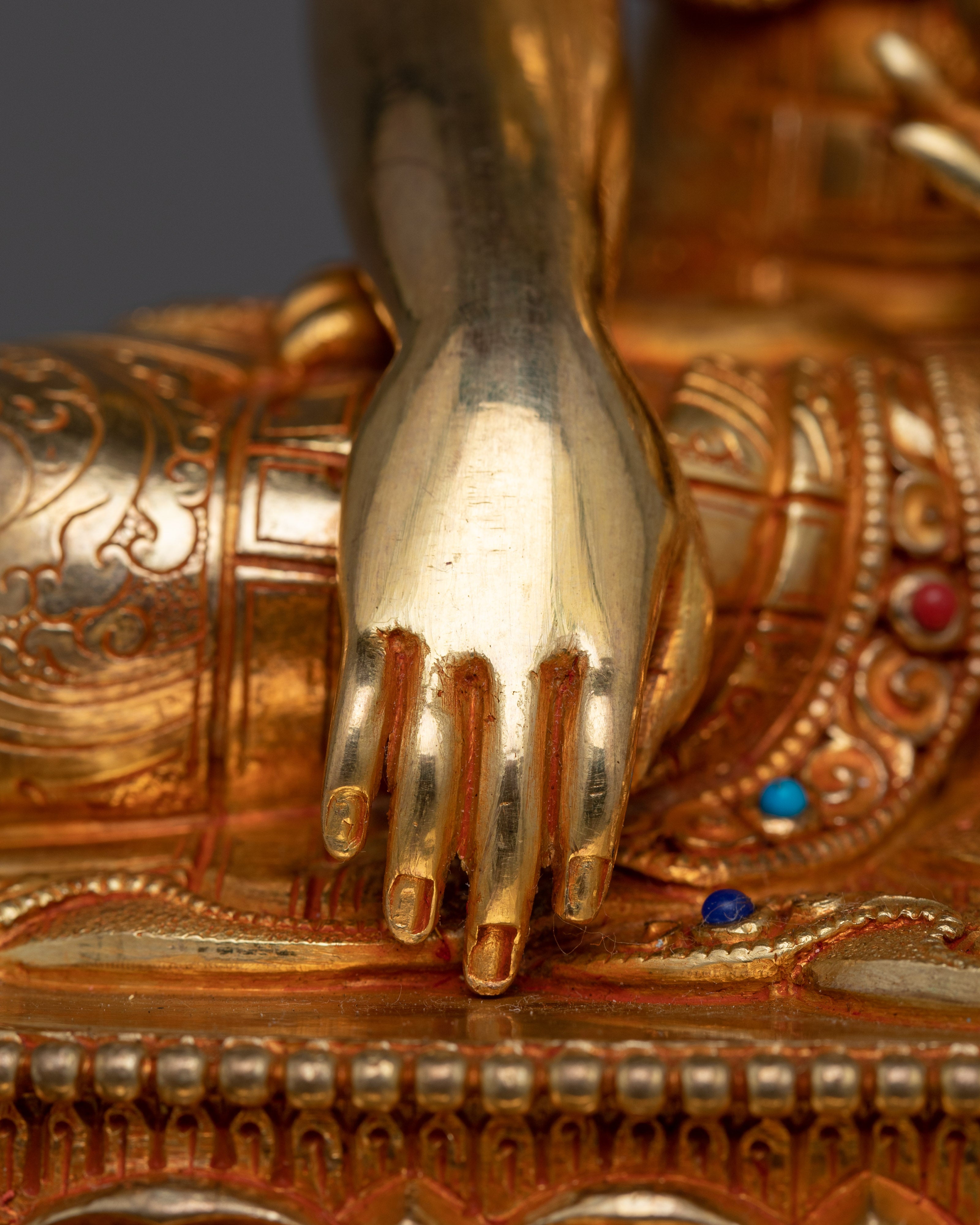 24 Karat Gold-Gilded Shakyamuni Buddha Statue | Gemstone-Studded Copper Art