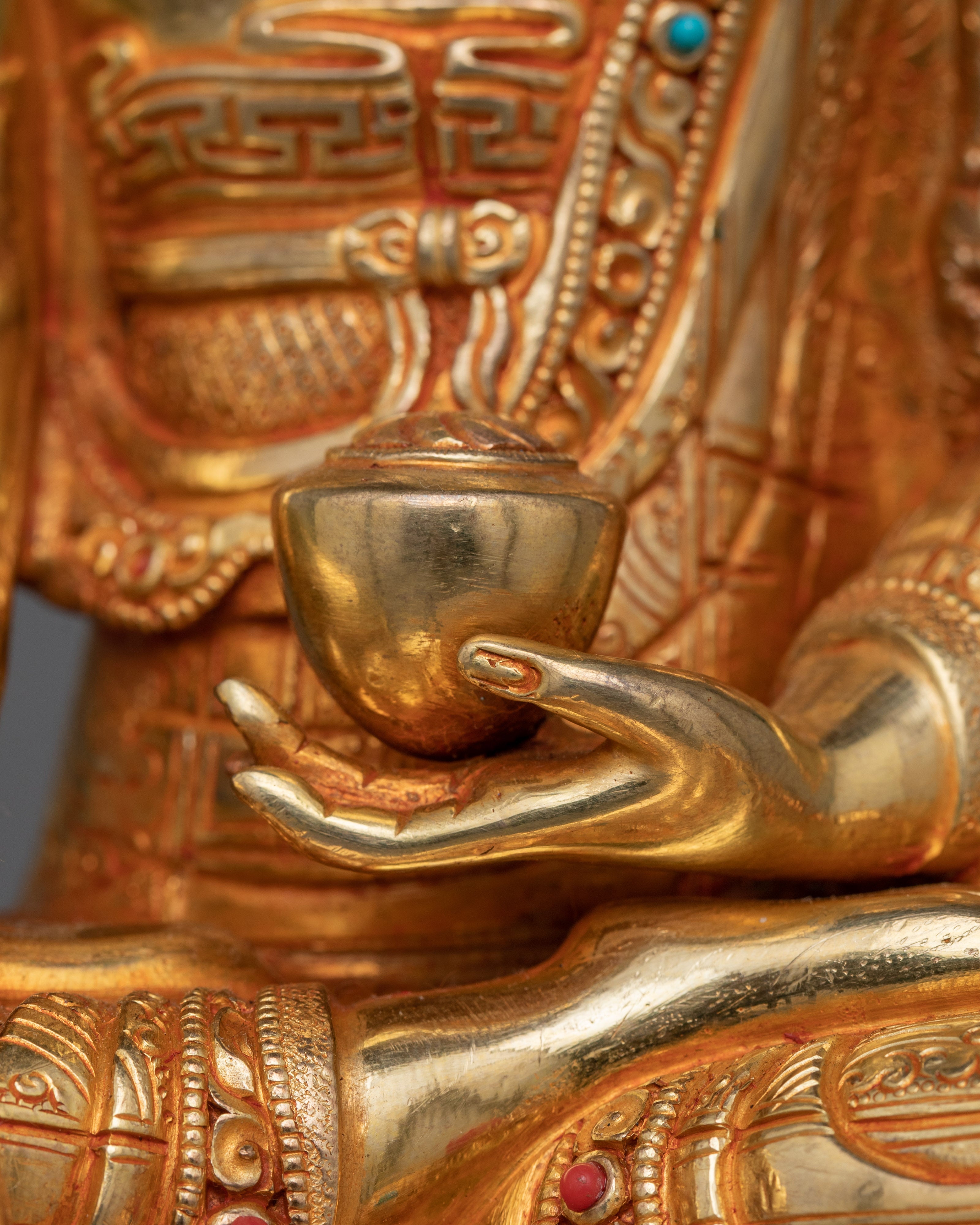 24 Karat Gold-Gilded Shakyamuni Buddha Statue | Gemstone-Studded Copper Art