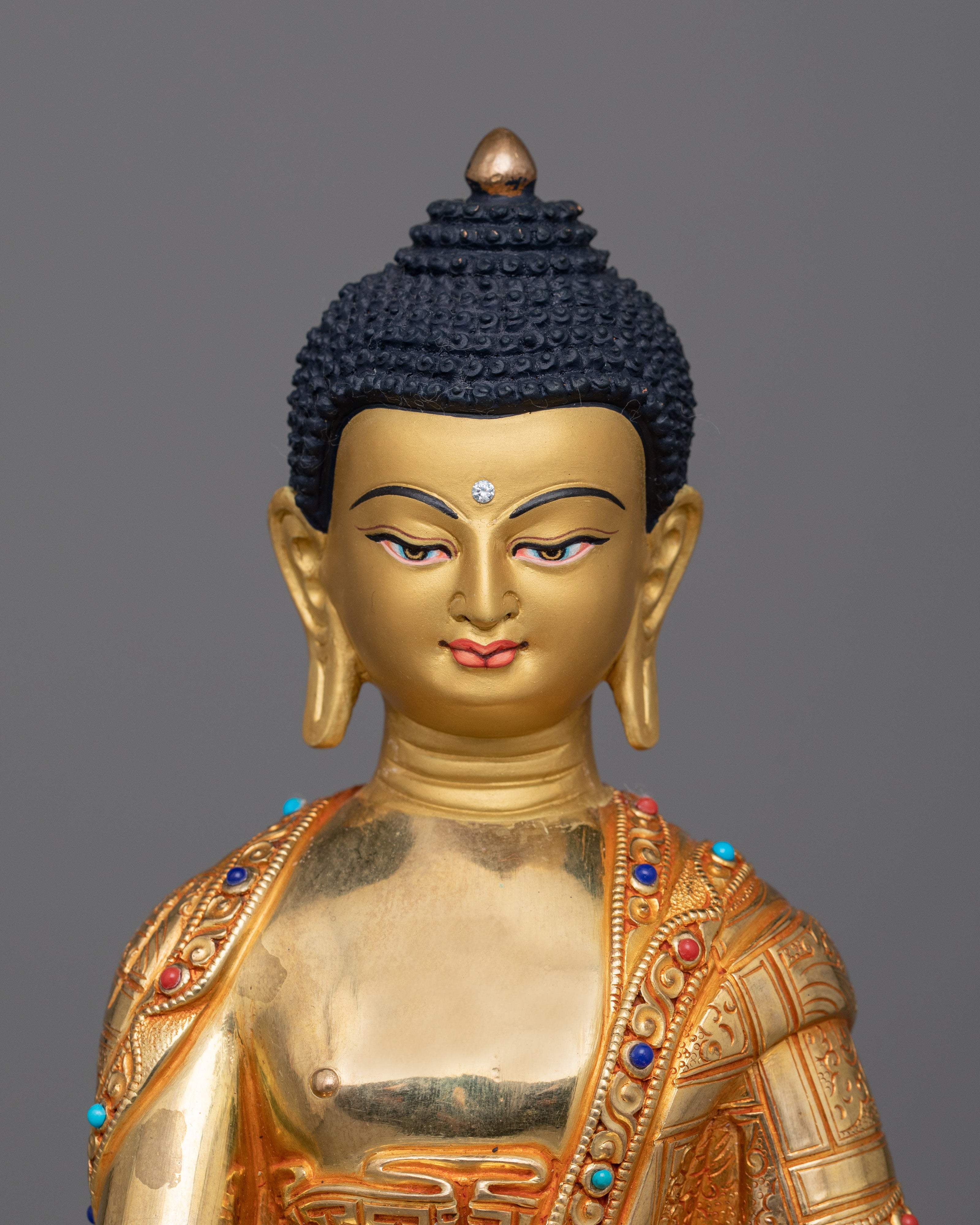 24 Karat Gold-Gilded Shakyamuni Buddha Statue | Gemstone-Studded Copper Art
