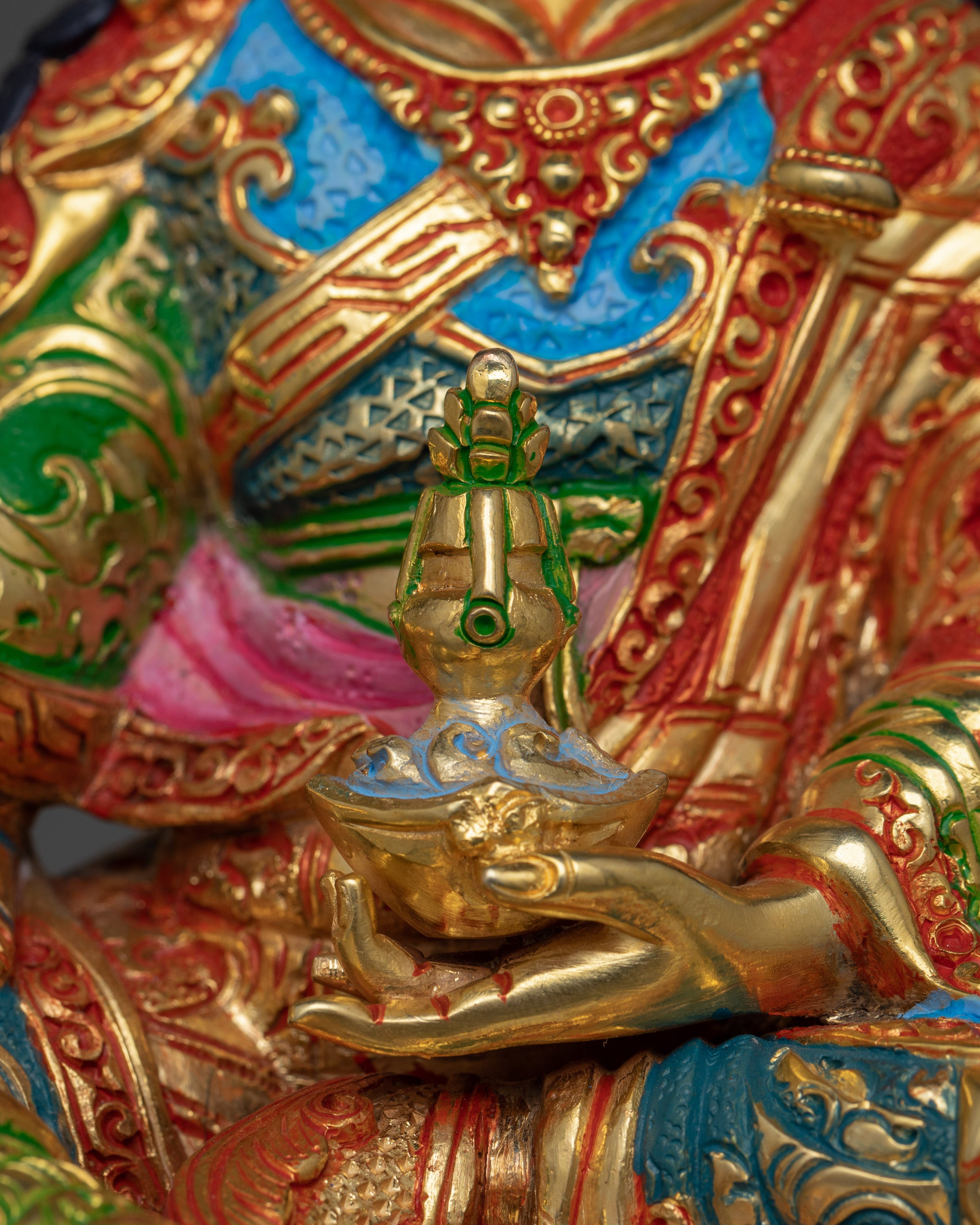 13-Inch 24K Gold-Gilded Guru Rinpoche Sculpture | Gemstone-Embellished Sculpture