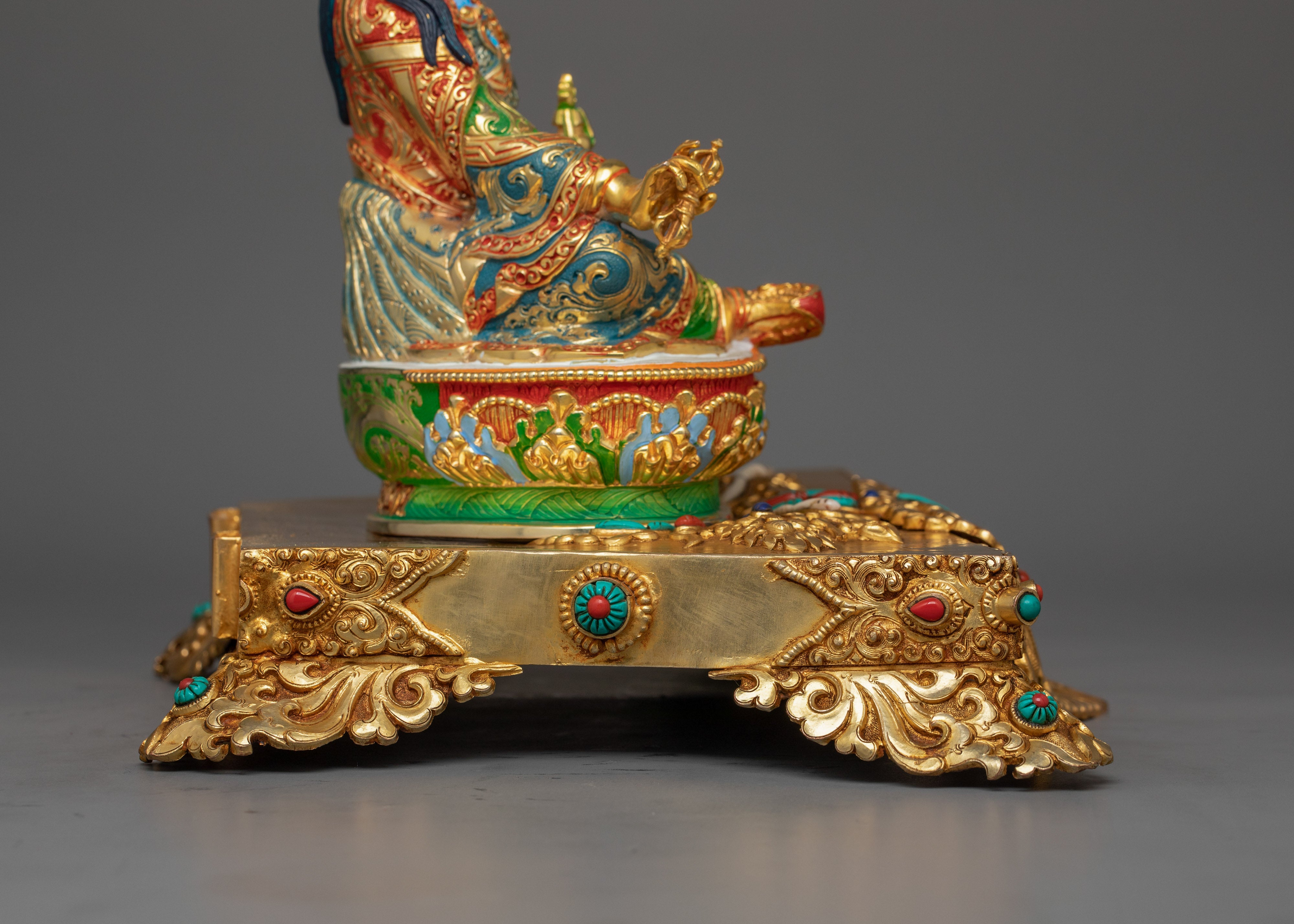 13-Inch 24K Gold-Gilded Guru Rinpoche Sculpture | Gemstone-Embellished Sculpture