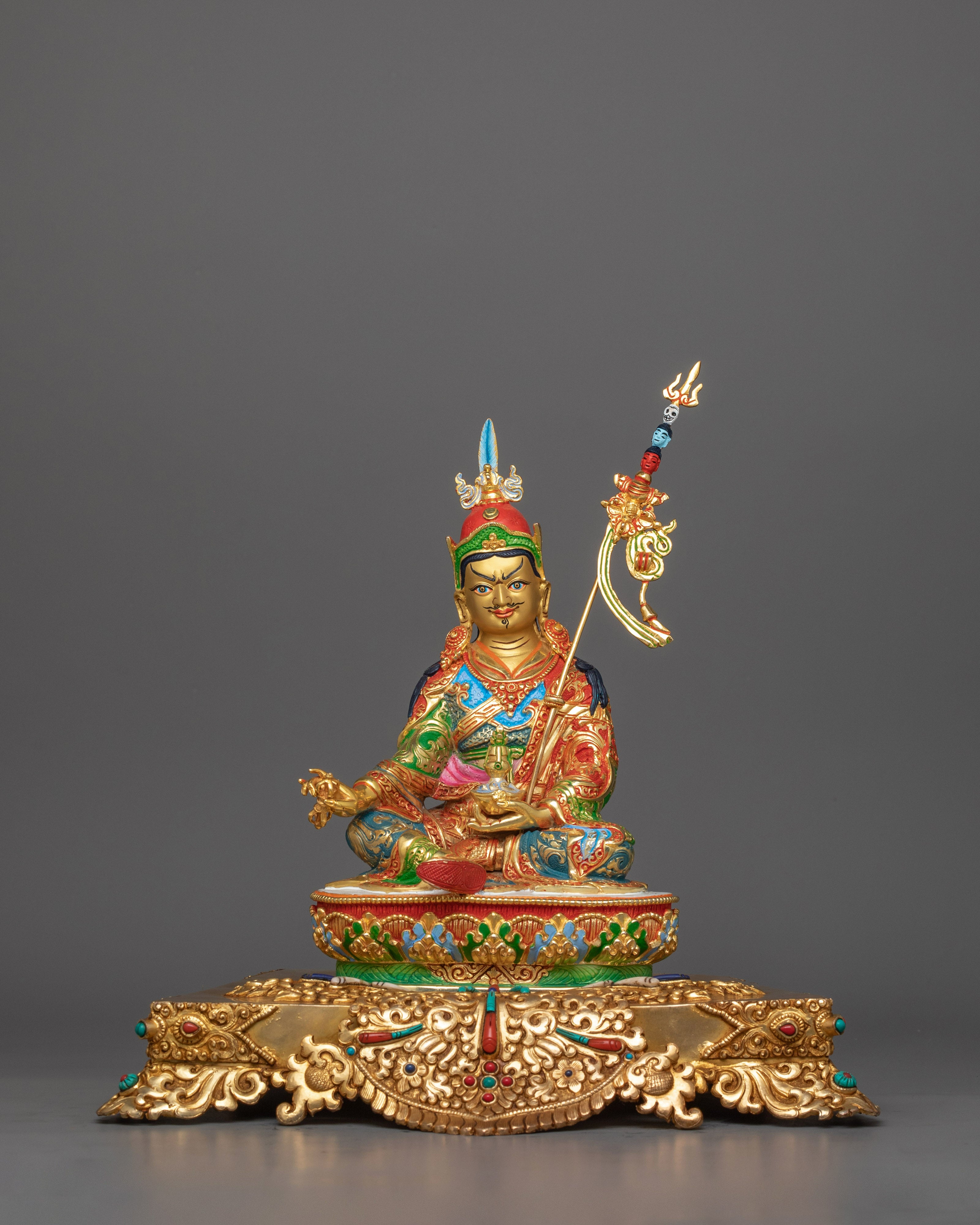 13-Inch 24K Gold-Gilded Guru Rinpoche Sculpture | Gemstone-Embellished Sculpture
