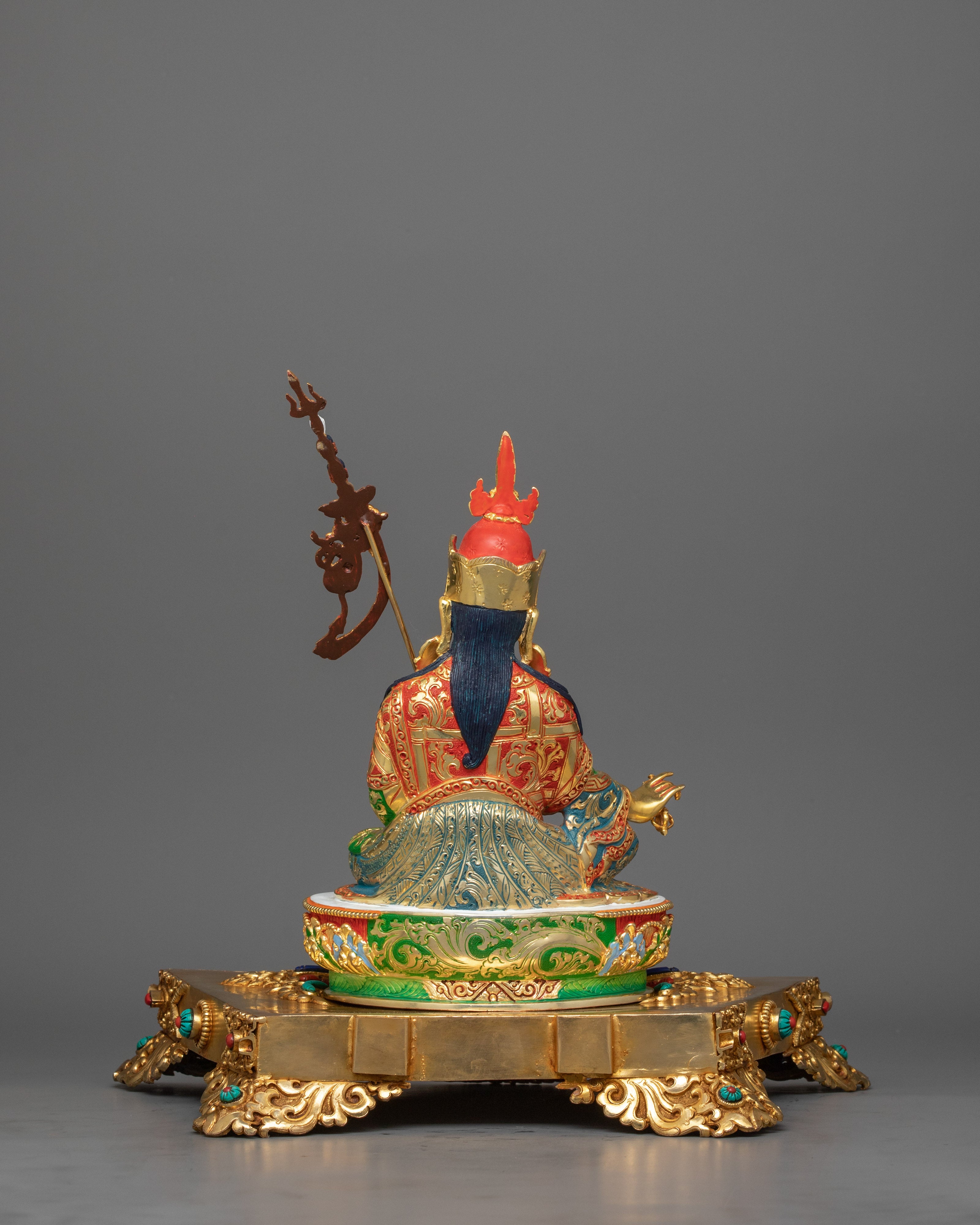 13-Inch 24K Gold-Gilded Guru Rinpoche Sculpture | Gemstone-Embellished Sculpture