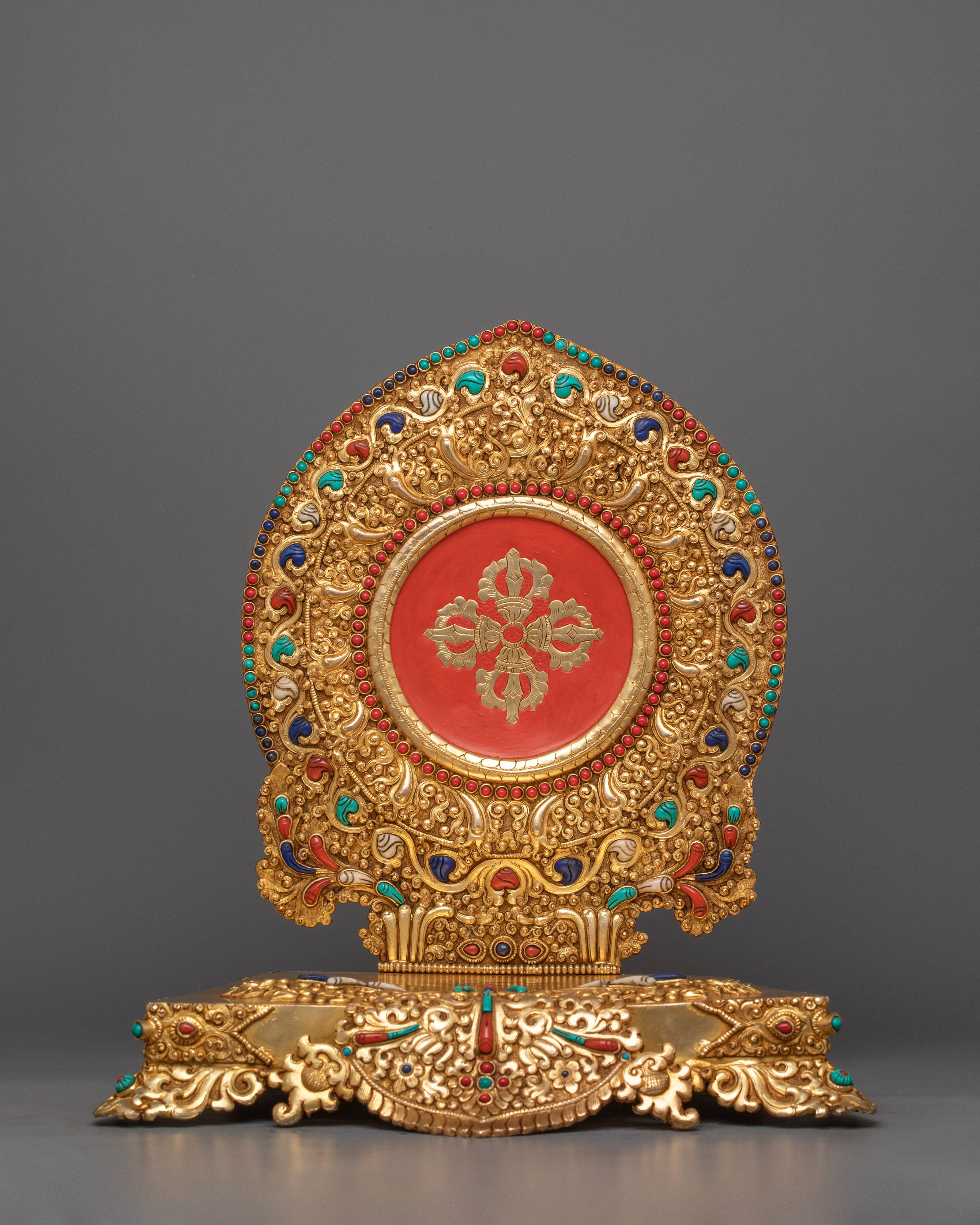 13-Inch 24K Gold-Gilded Guru Rinpoche Sculpture | Gemstone-Embellished Sculpture