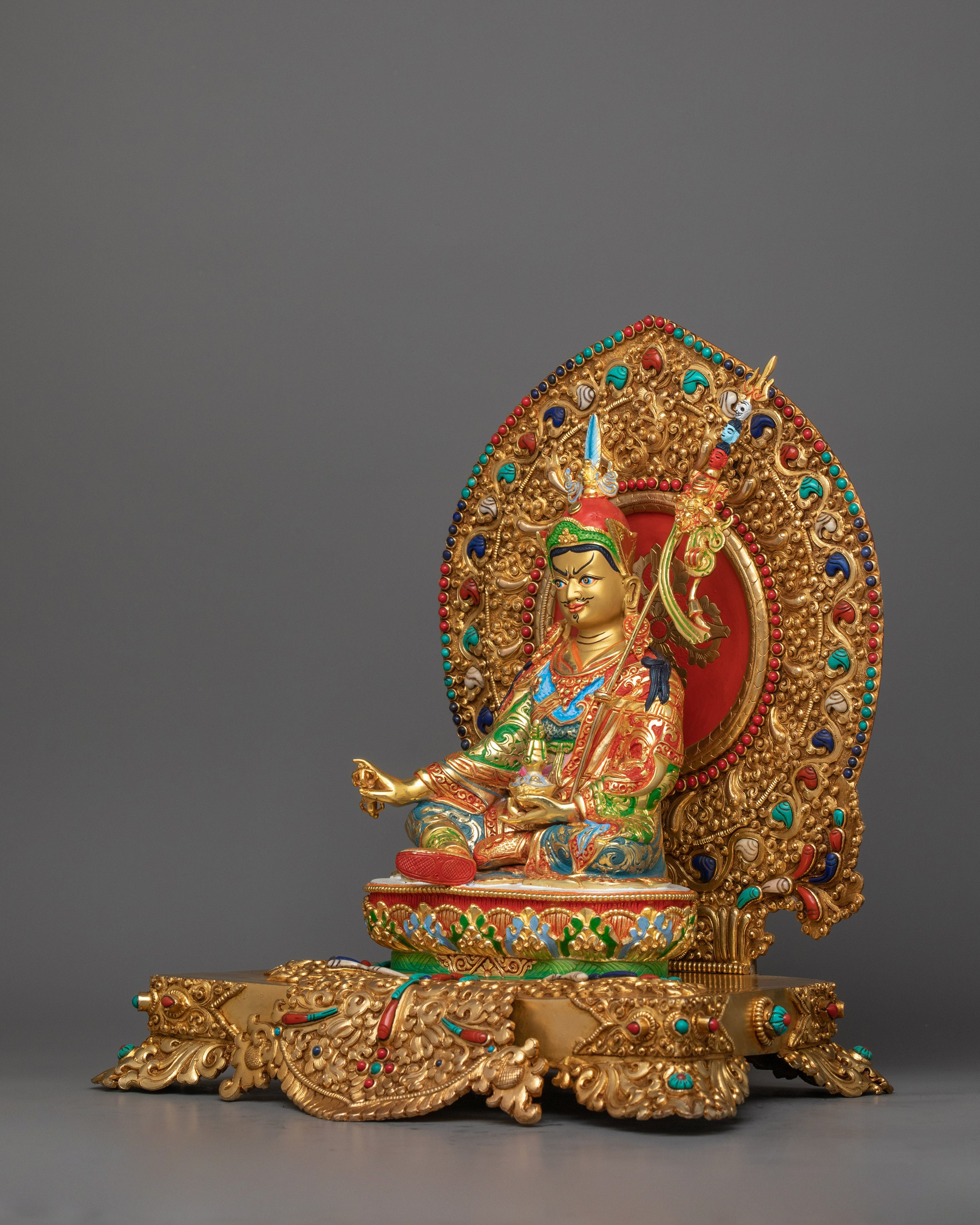 13-Inch 24K Gold-Gilded Guru Rinpoche Sculpture | Gemstone-Embellished Sculpture