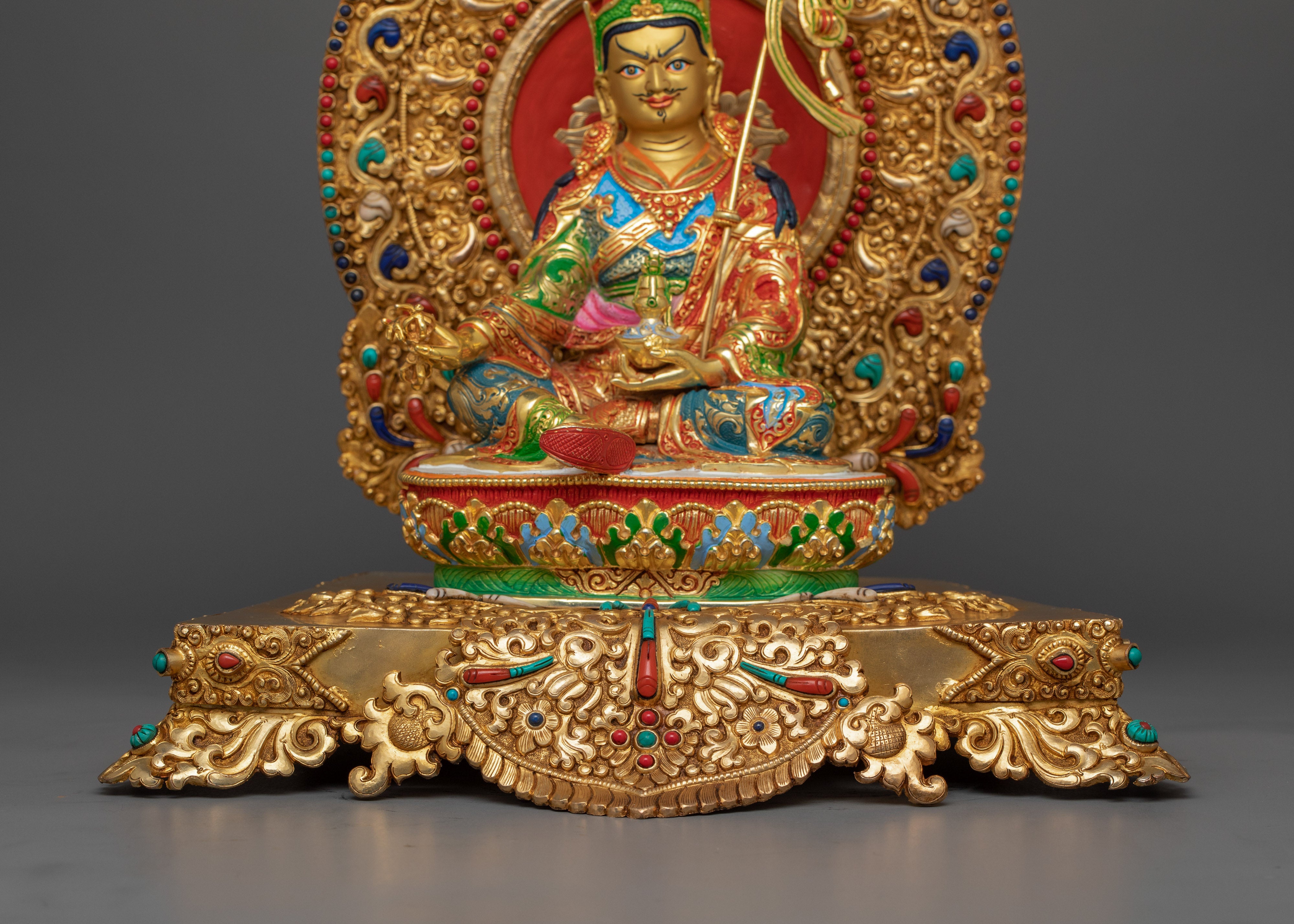 13-Inch 24K Gold-Gilded Guru Rinpoche Sculpture | Gemstone-Embellished Sculpture