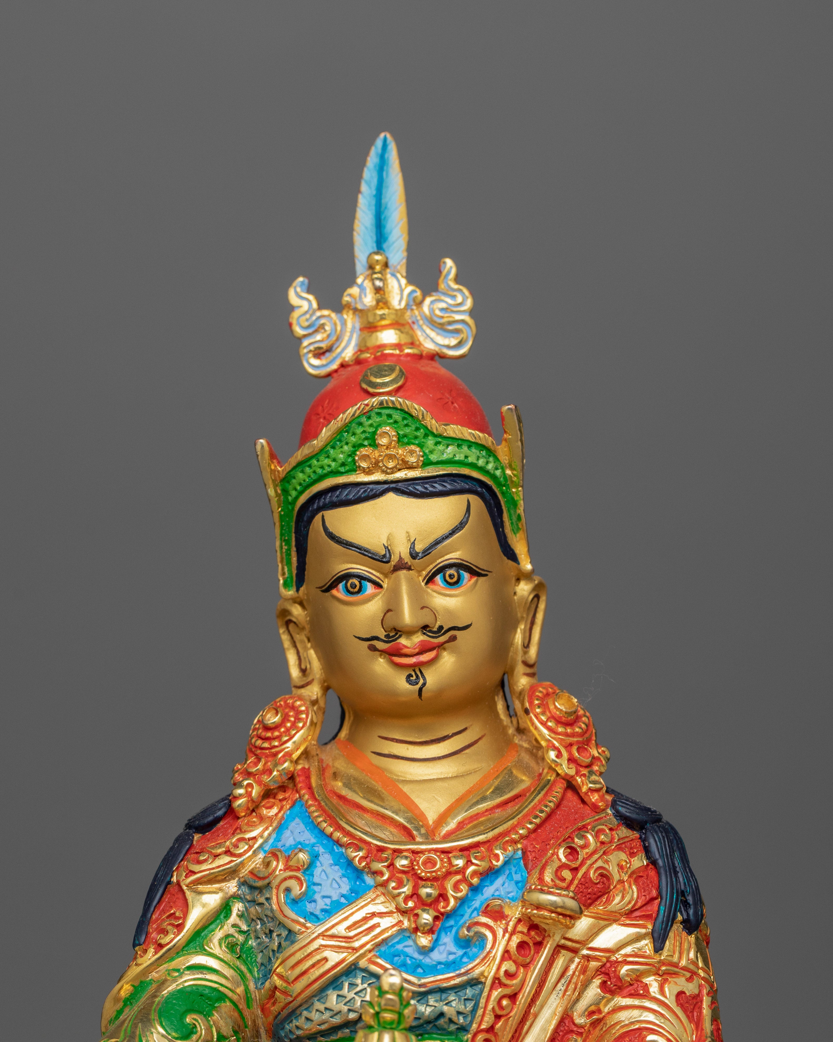 13-Inch 24K Gold-Gilded Guru Rinpoche Sculpture | Gemstone-Embellished Sculpture