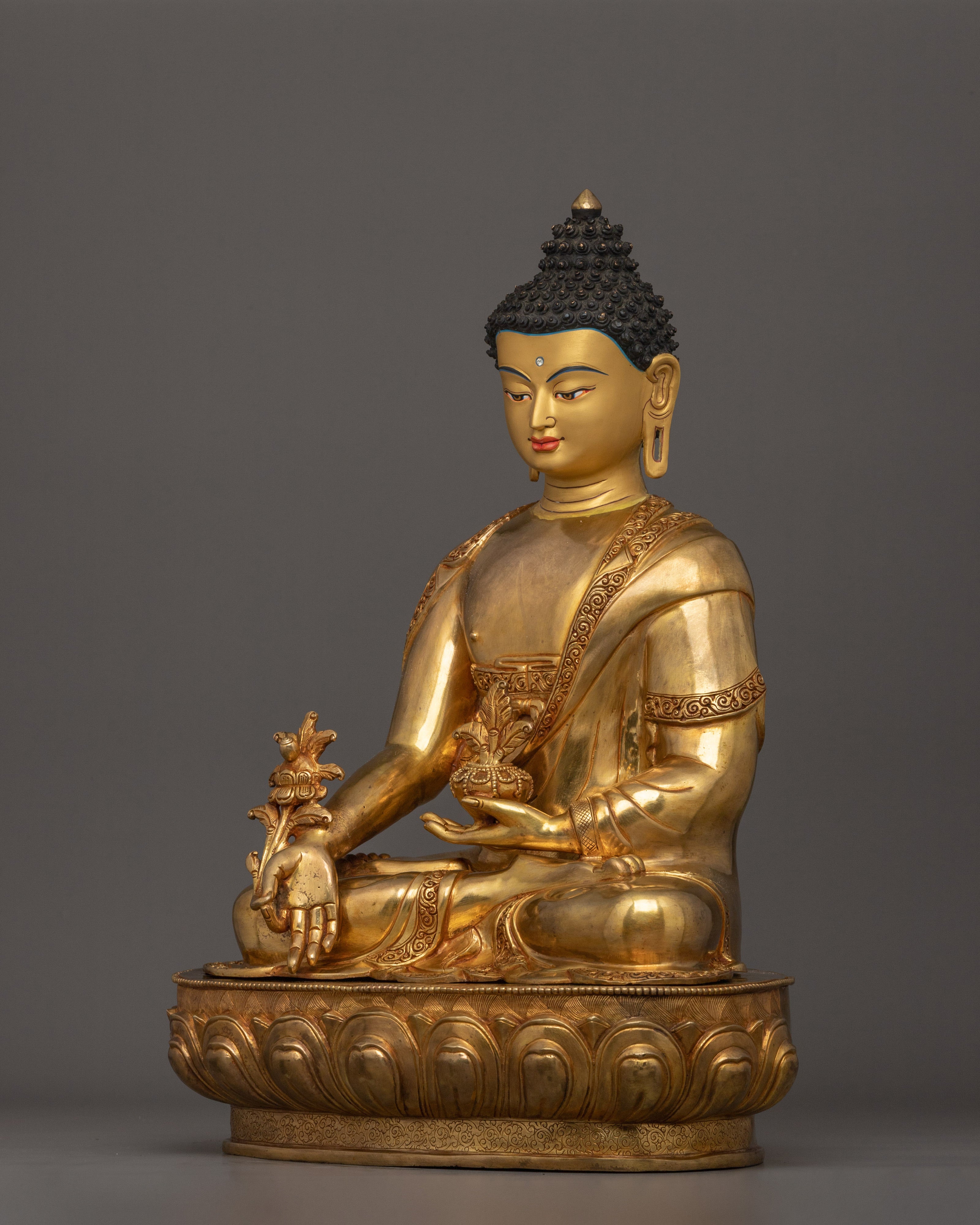24k Gold Healing Deity Medicine Buddha Sculpture | Bhaisajyaguru Handcarved Statue