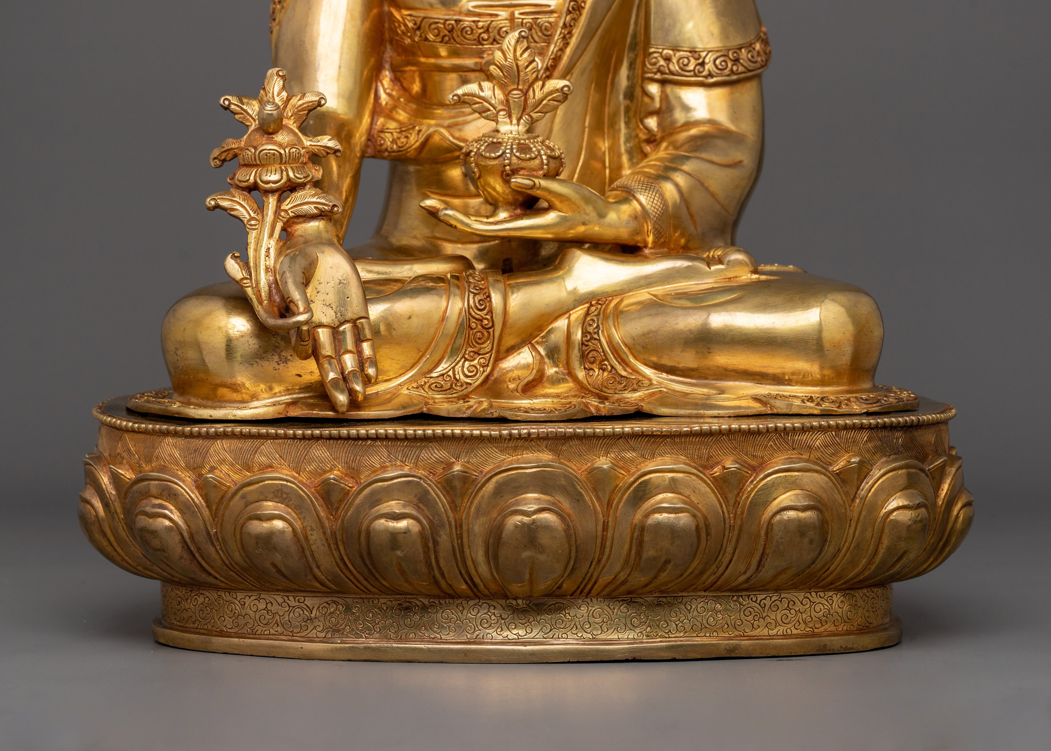 24k Gold Healing Deity Medicine Buddha Sculpture | Bhaisajyaguru Handcarved Statue