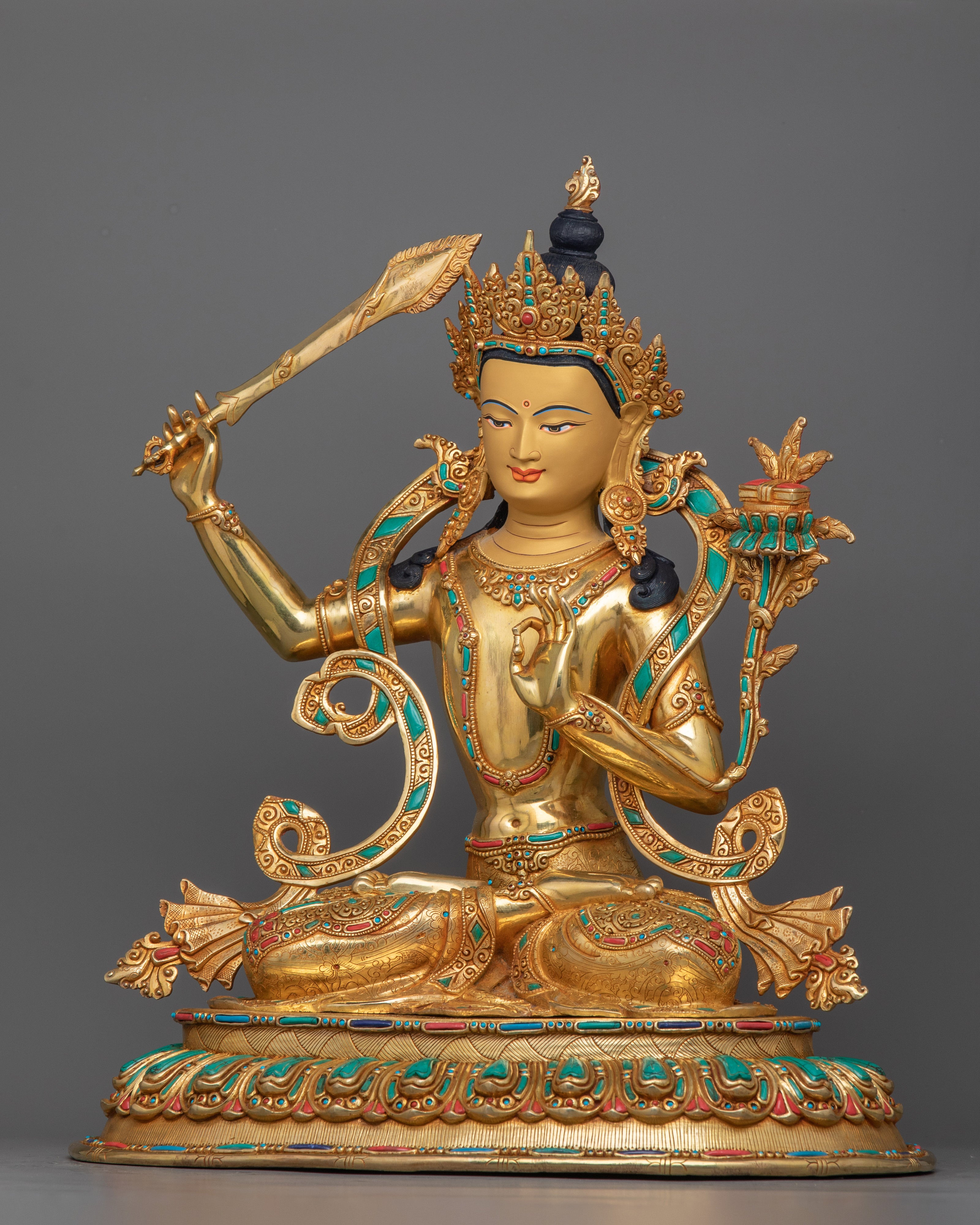 24K Gold Gilded Buddhist Manjushri Tibetan Deity Statue | Representation of Supreme Wisdom