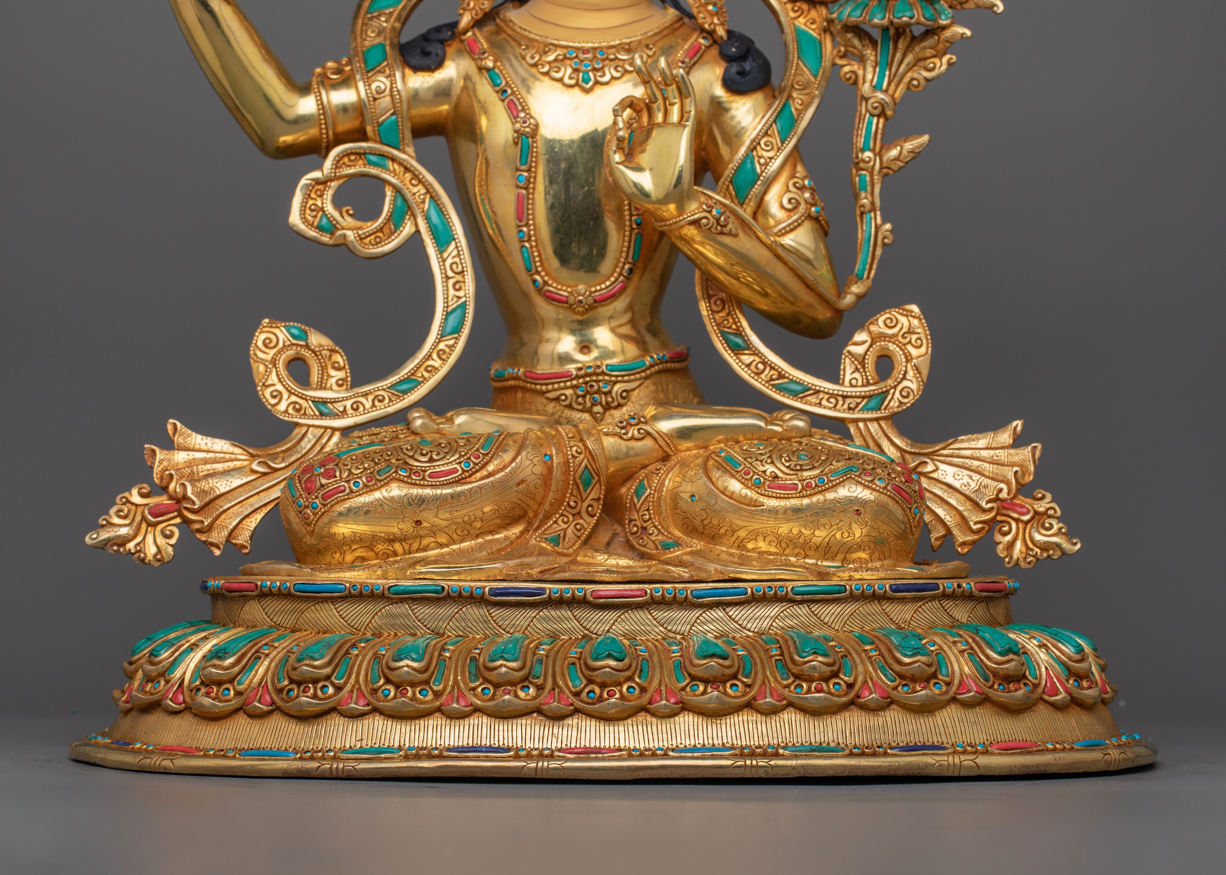 24K Gold Gilded Buddhist Manjushri Tibetan Deity Statue | Representation of Supreme Wisdom