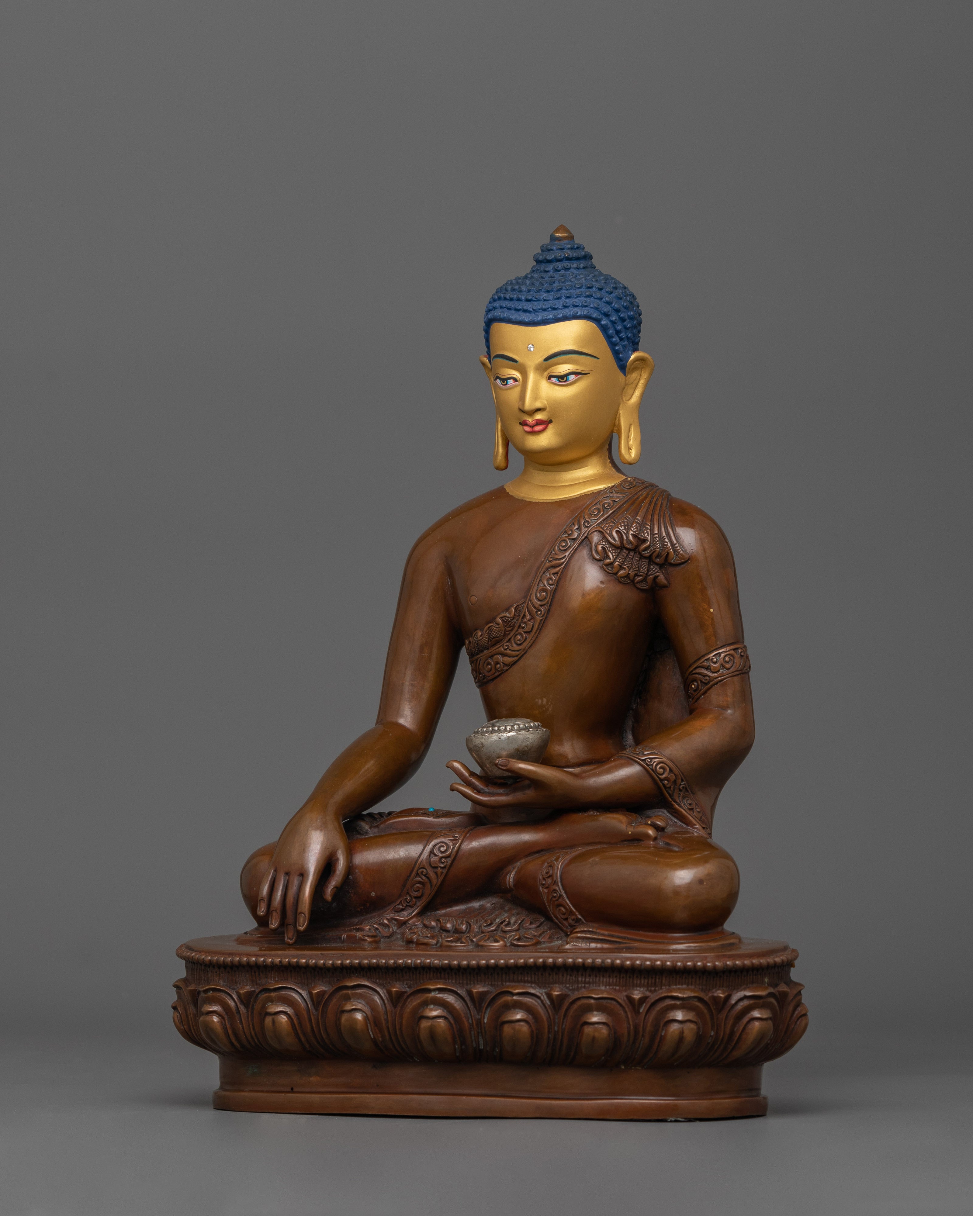 Enlightened Teacher Siddhartha Gautama Sculpture | Oxidized Copper with Silver-Plated Dhupur