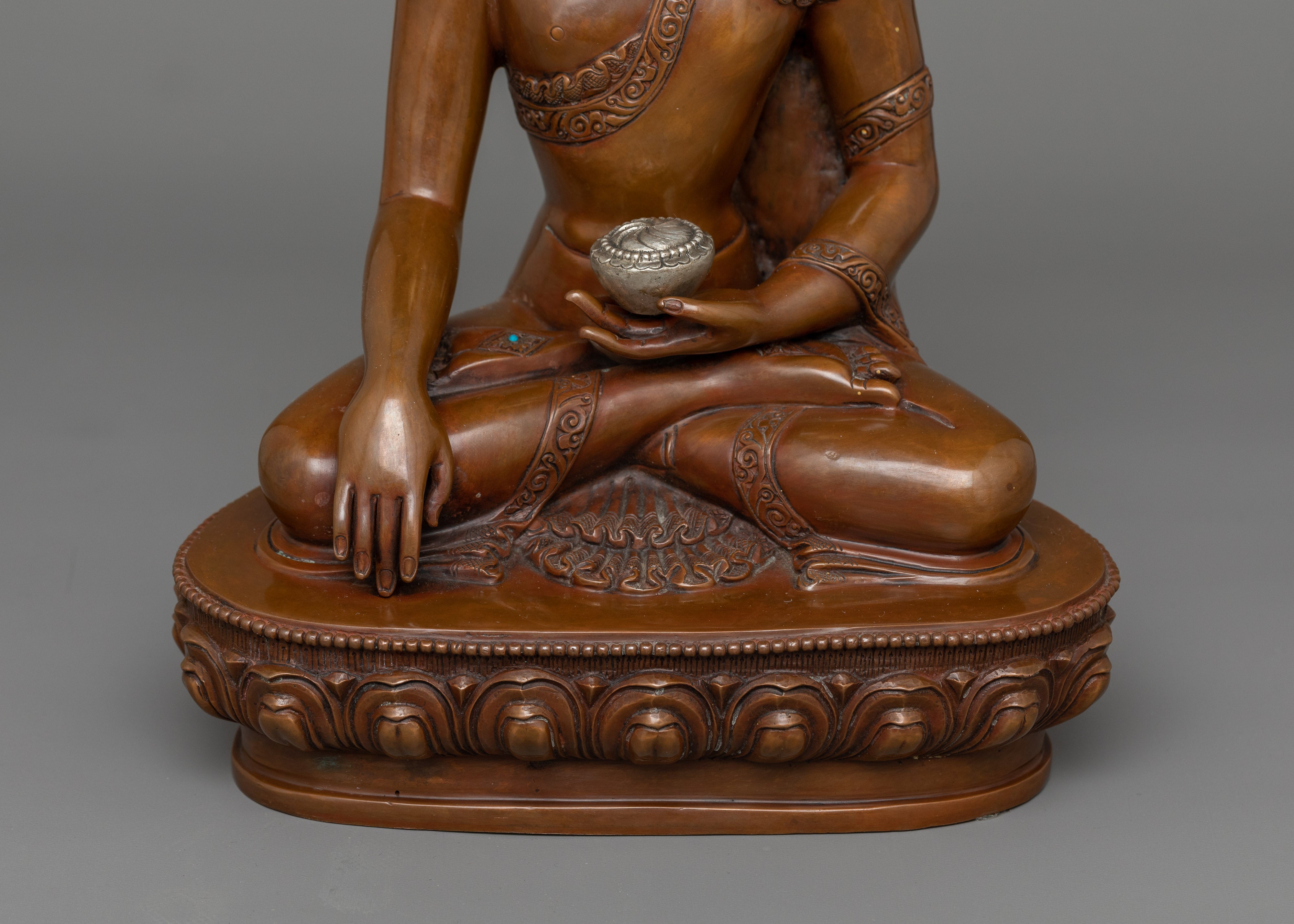 Enlightened Teacher Siddhartha Gautama Sculpture | Oxidized Copper with Silver-Plated Dhupur