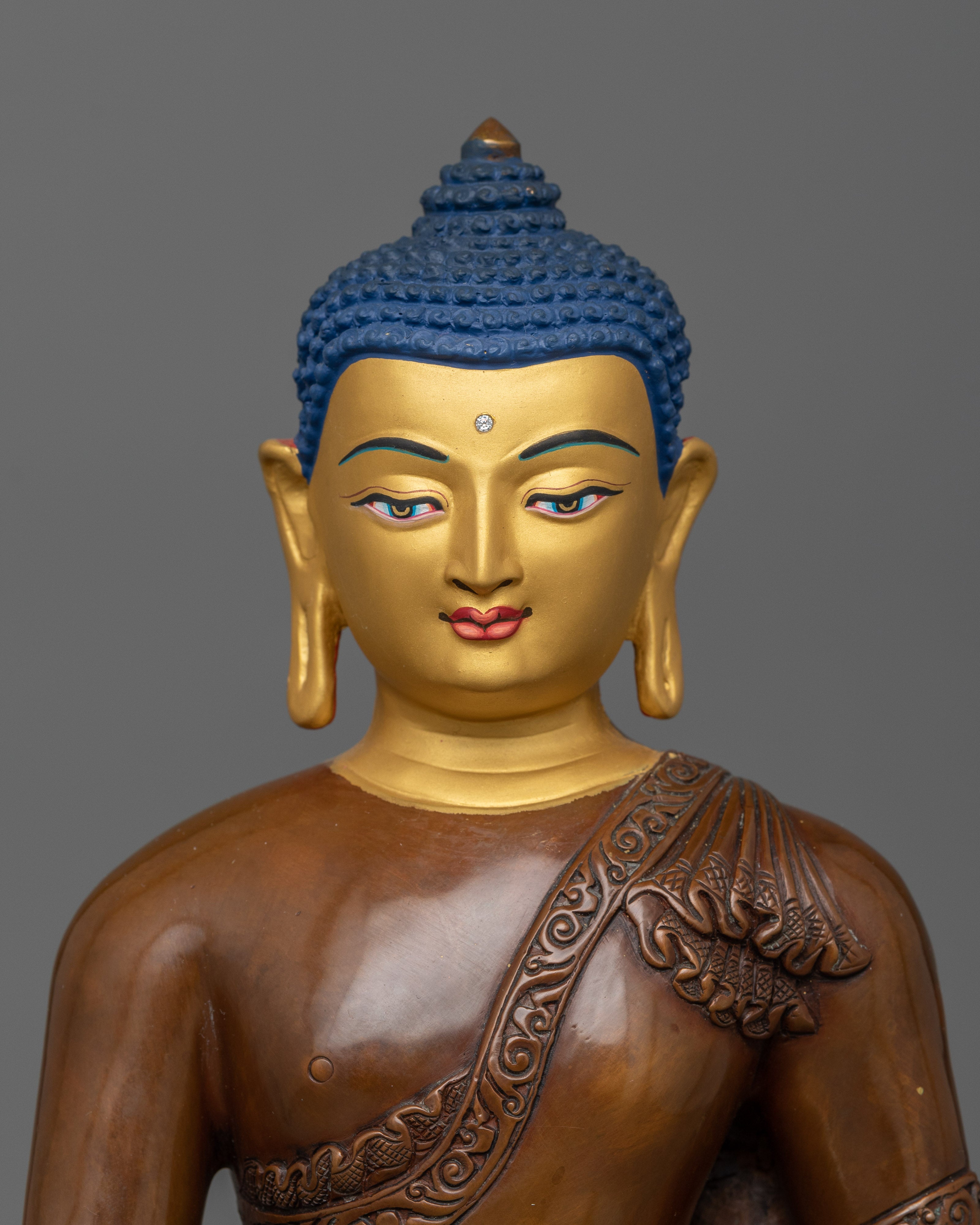 Enlightened Teacher Siddhartha Gautama Sculpture | Oxidized Copper with Silver-Plated Dhupur
