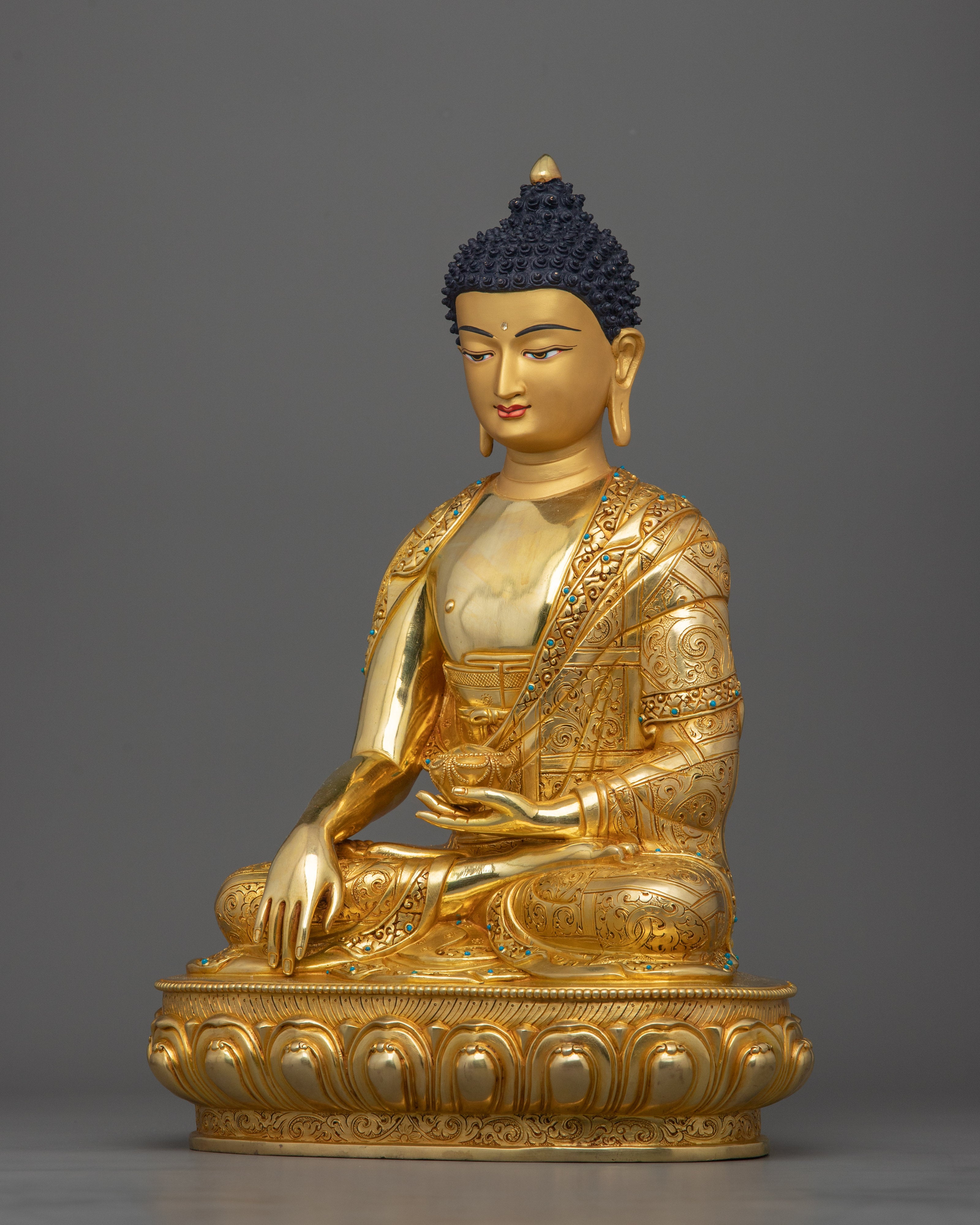 Hand Carved Buddhist Shakyamuni Buddha Figurine | 24K Gold Gilded Statue