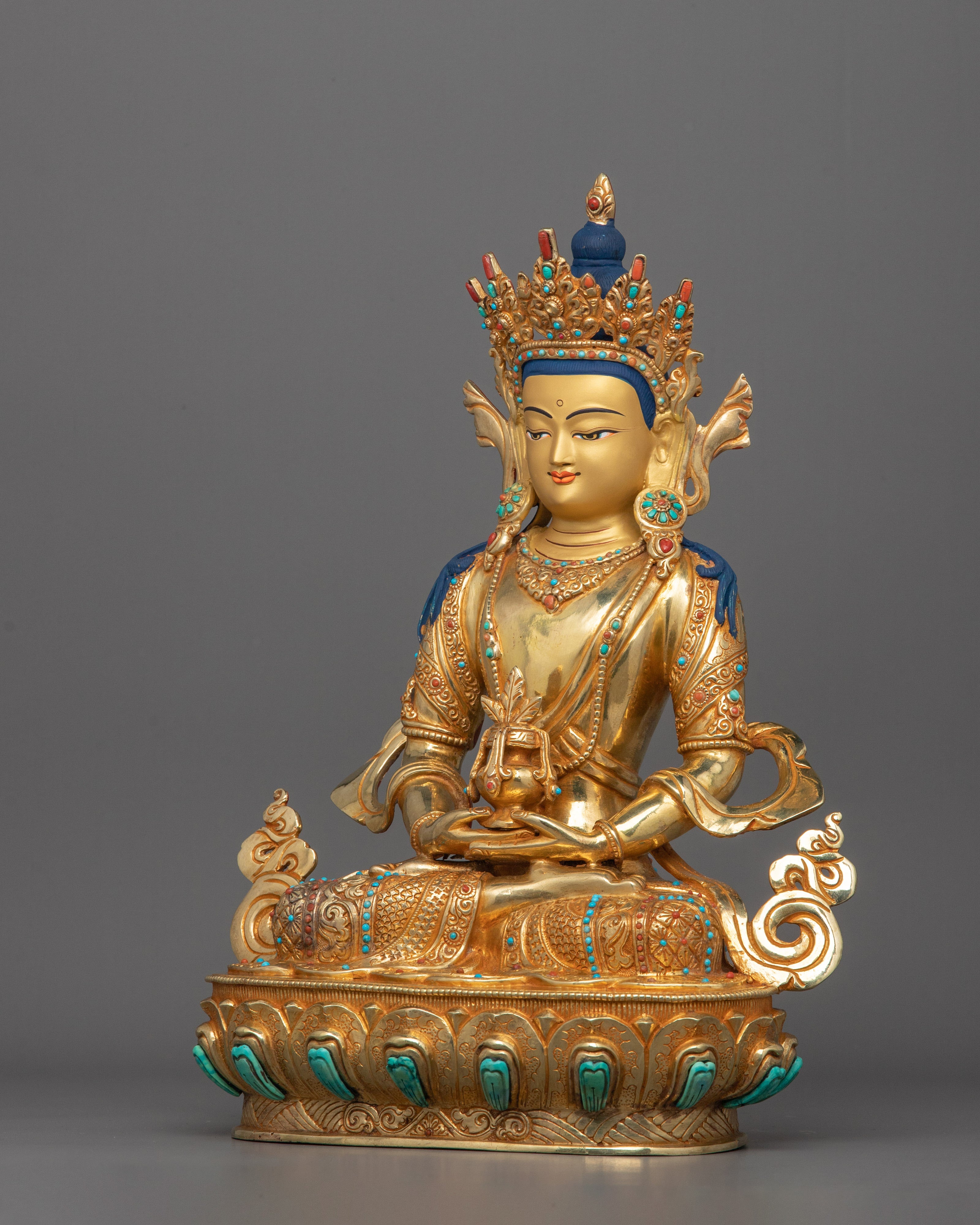 Meditation Deity Amitayus Figurine | Gold Gilded Traditional Himalayan Art