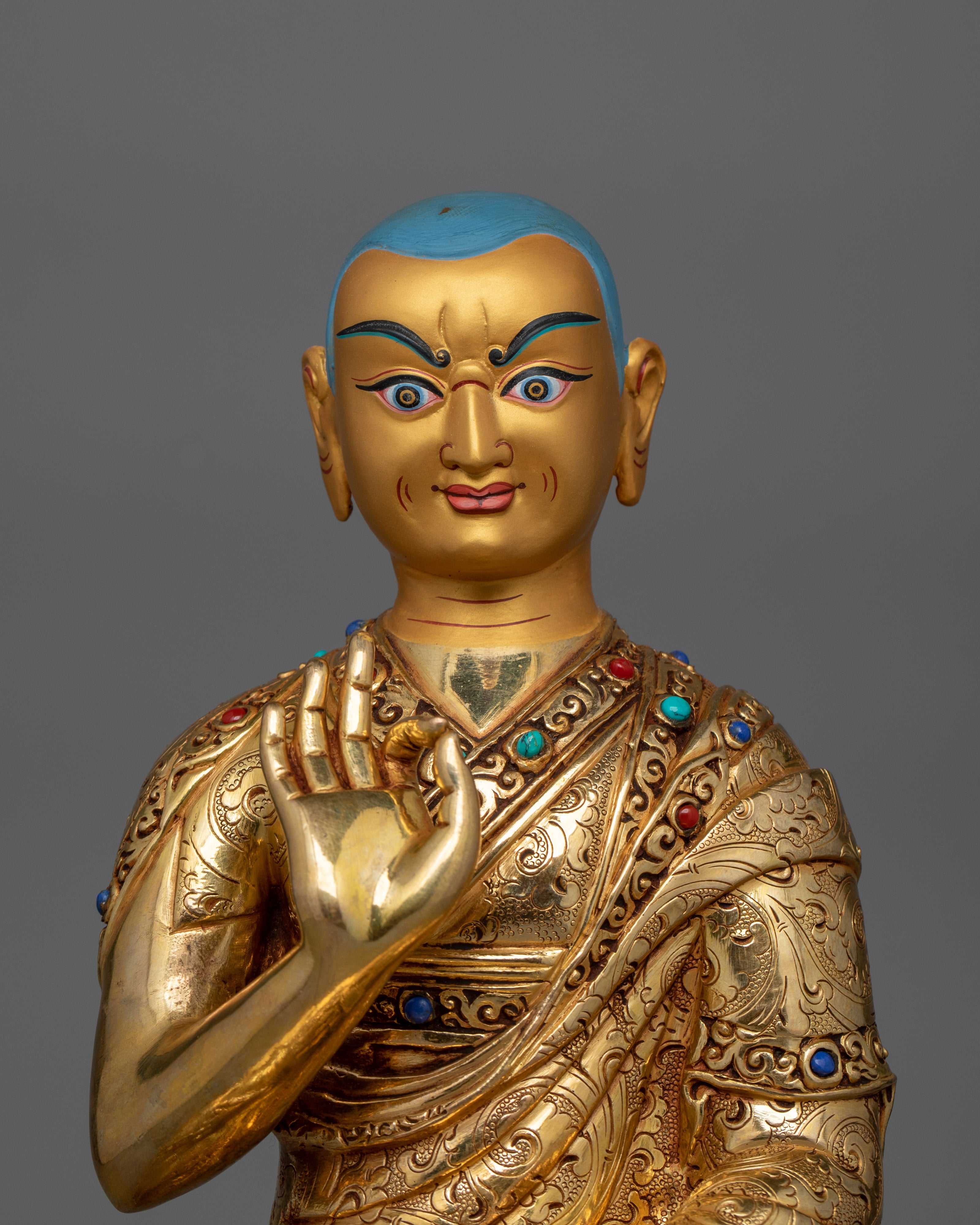 Religious Meditative Tsong Khapa Set Statue | Handcrafted 24K Gold Gilded