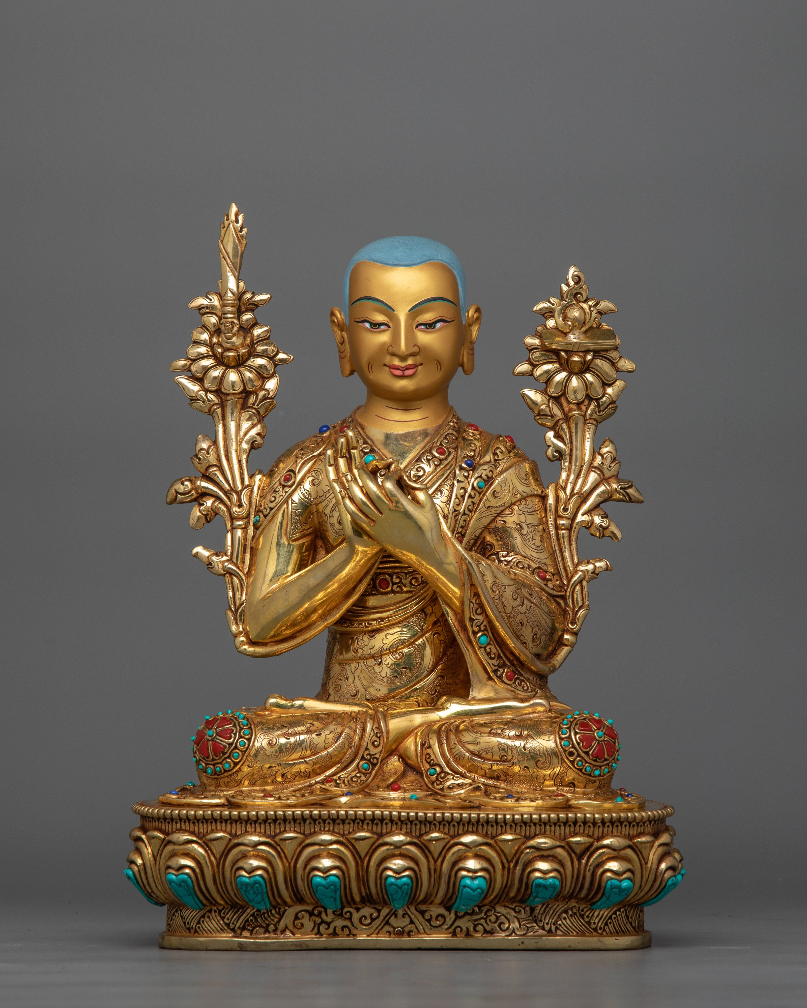Religious Meditative Tsong Khapa Set Statue | Handcrafted 24K Gold Gilded