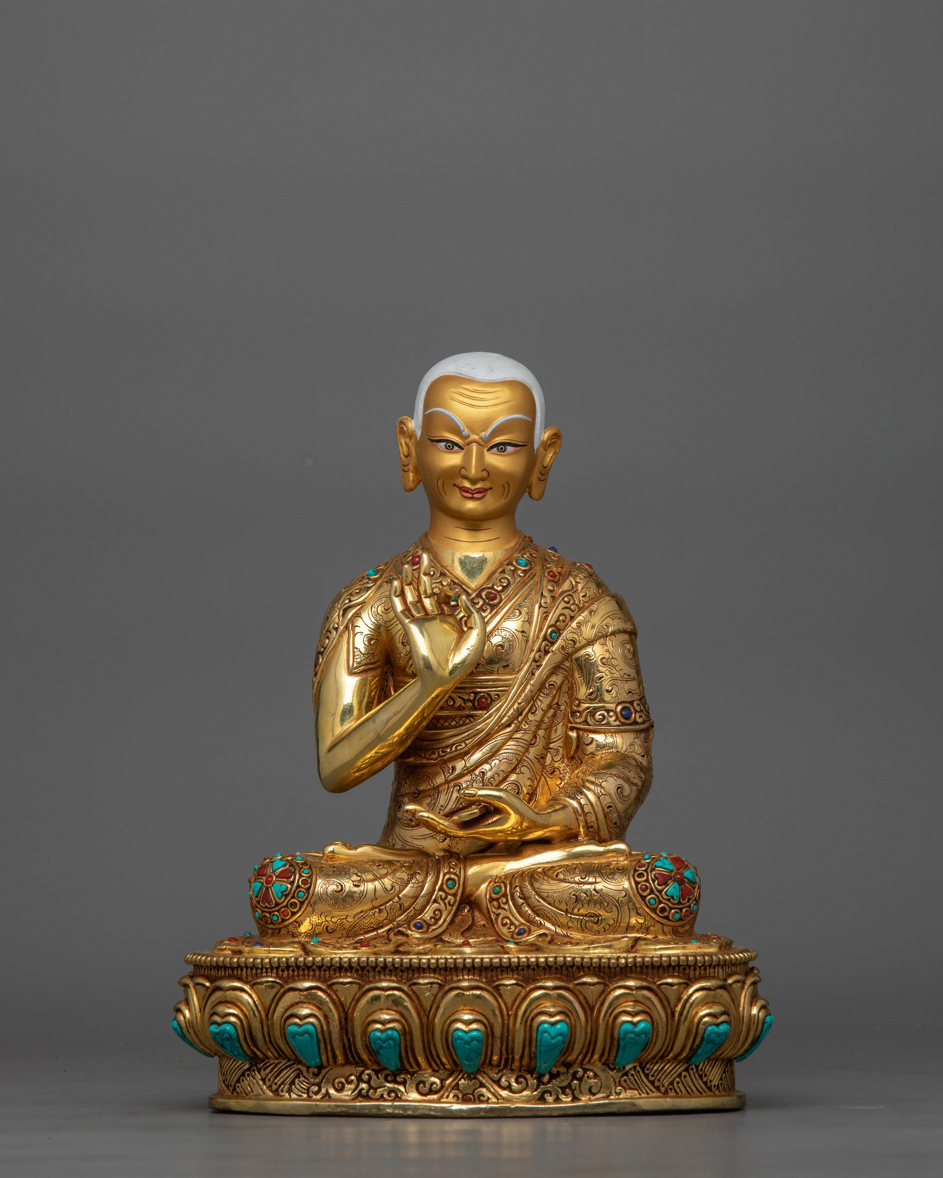 Religious Meditative Tsong Khapa Set Statue | Handcrafted 24K Gold Gilded