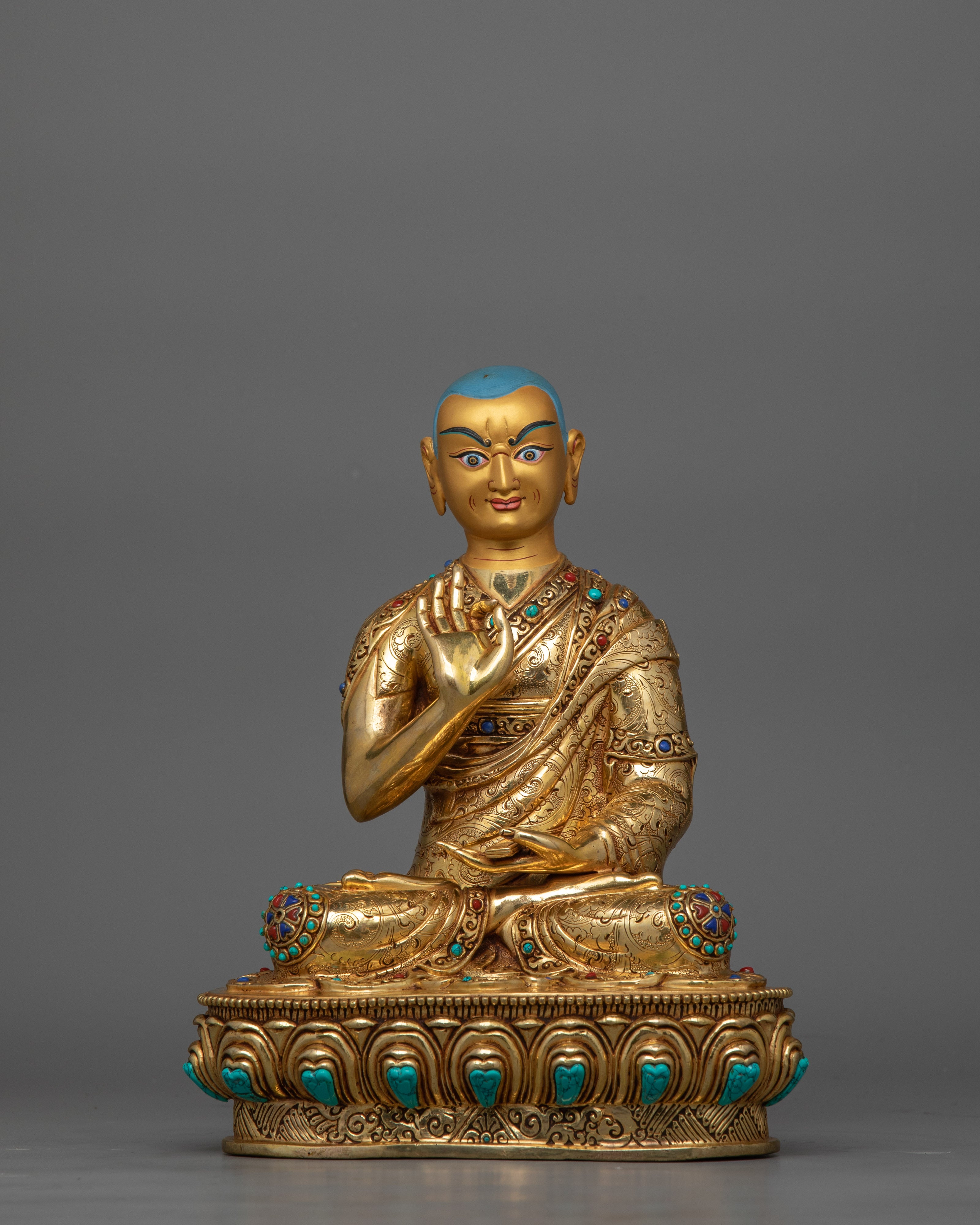 Religious Meditative Tsong Khapa Set Statue | Handcrafted 24K Gold Gilded