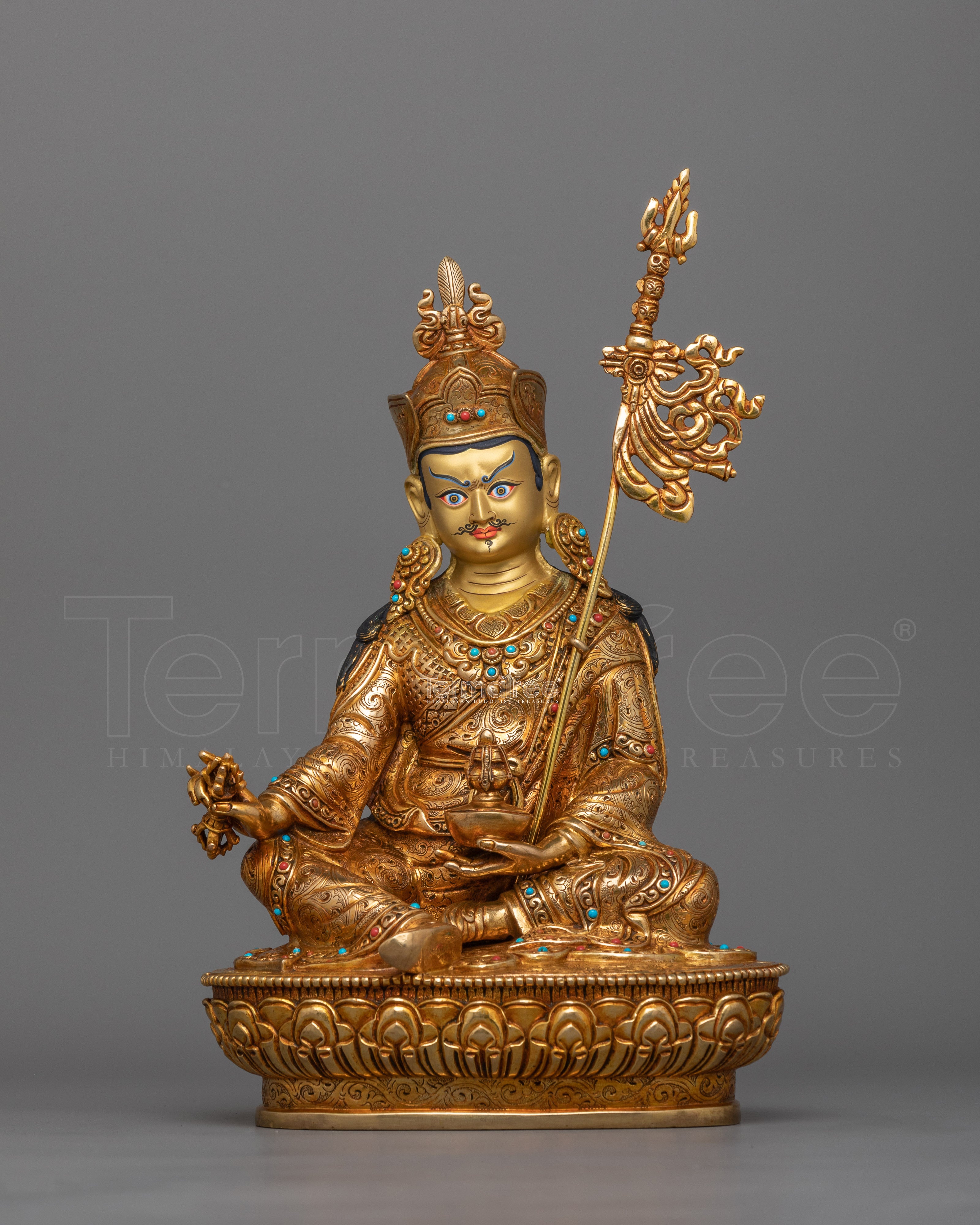 24K Gold-Gilded Guru Rinpoche Tantric Master Figurine | Founder of Tibetan Buddhsim