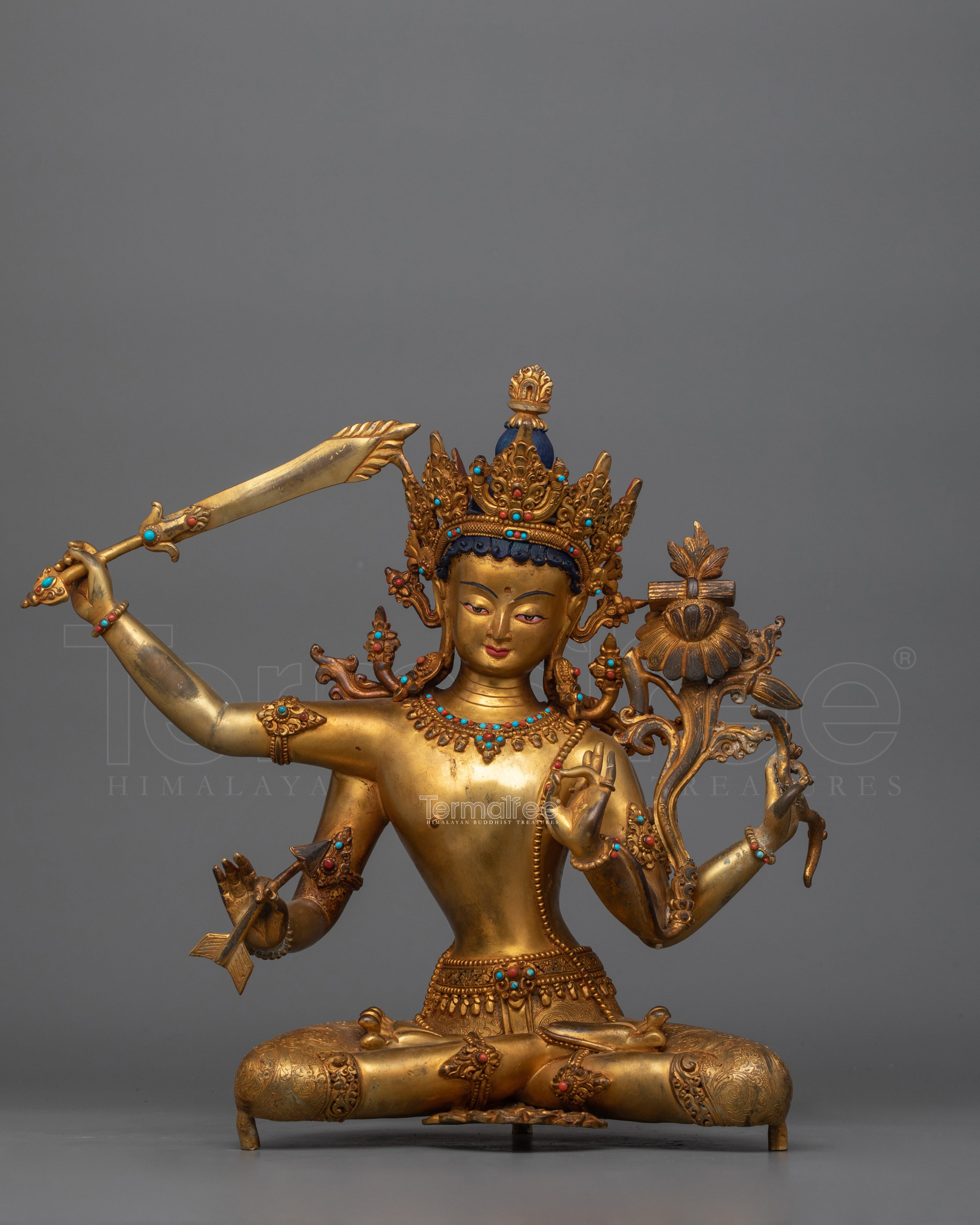 Simhanada Red Manjushri Sculpture | 24K Gold-Gilded Statue