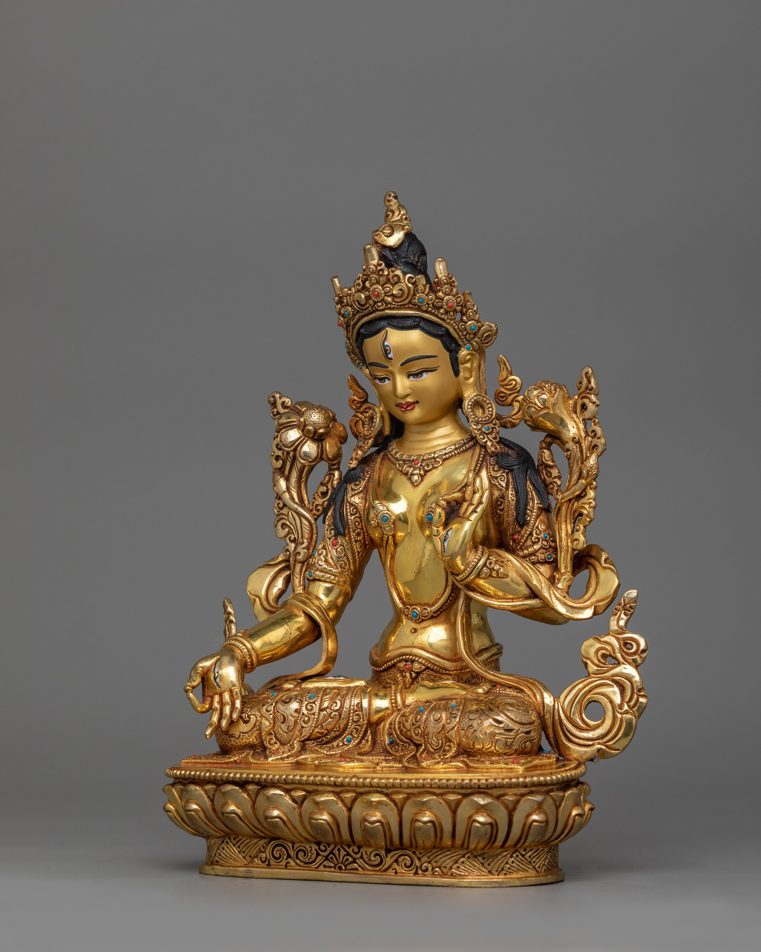 24K Gold Gilded White Tara Statue For Shrine | Symbol of Longevity and Enlightenment