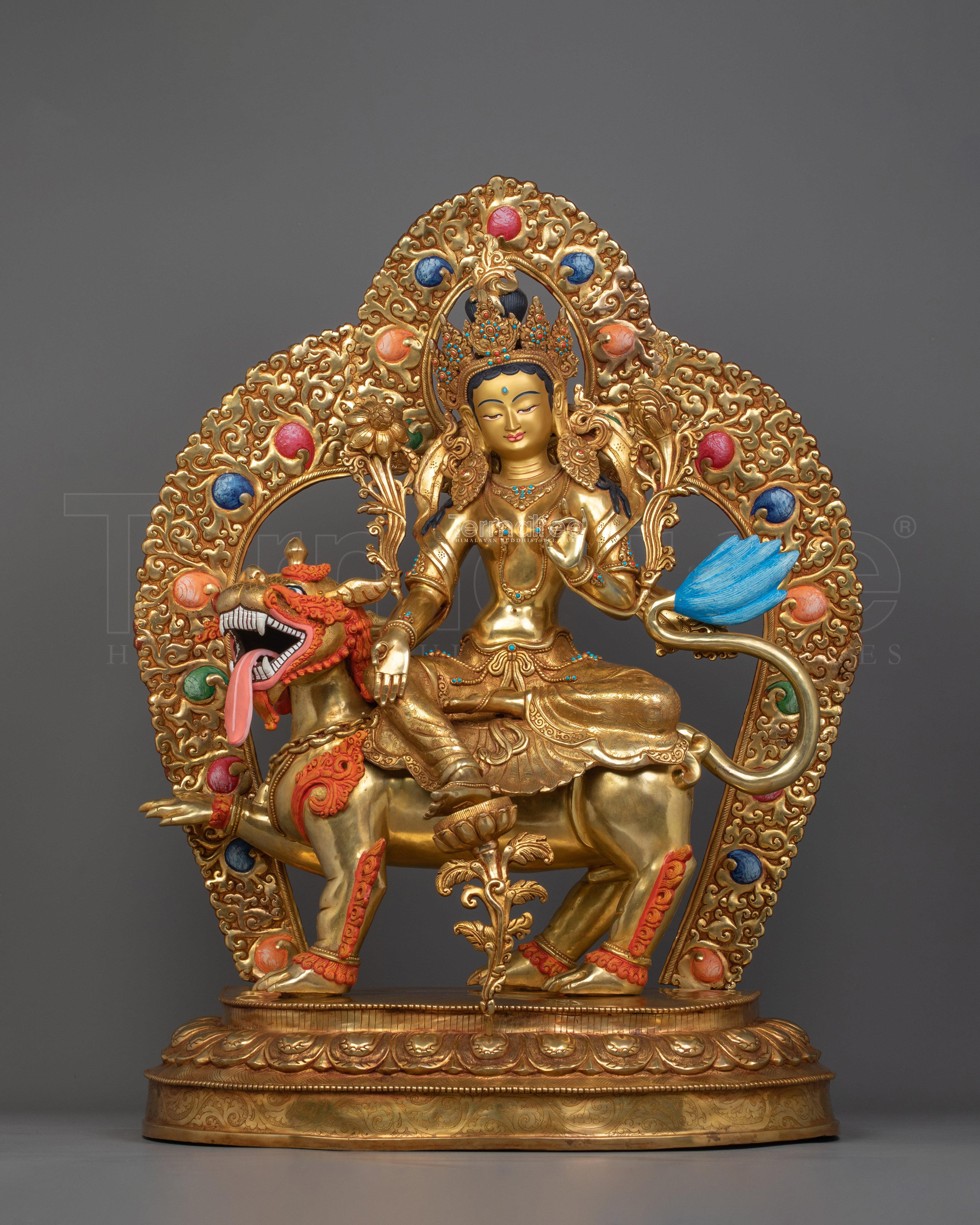 Green Tara Seated on a Snow lion Sculpture | Protector and Liberator from Fear