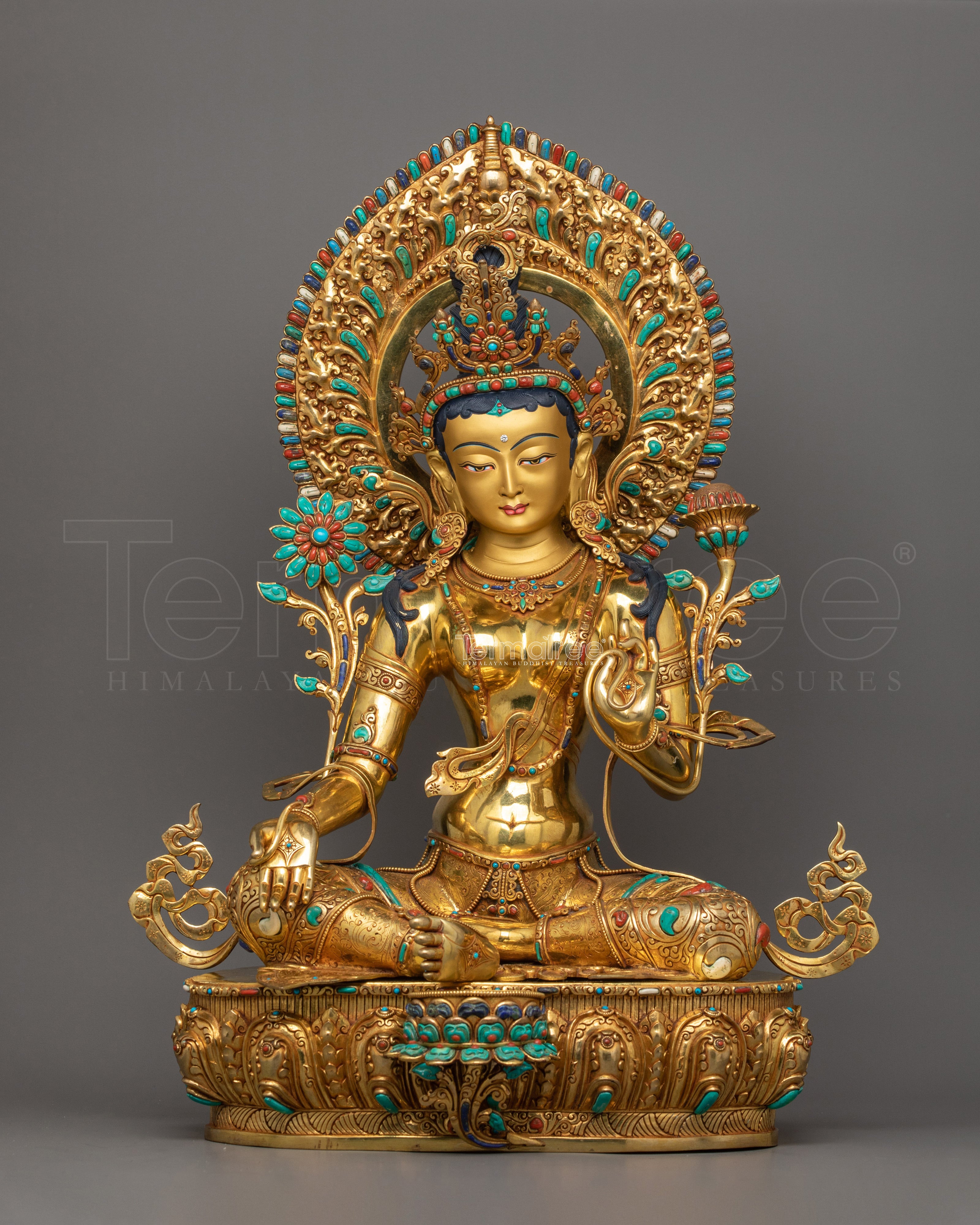 Green Tara Sculpture on Her Lotus Throne | Himalayan Goddess Tara