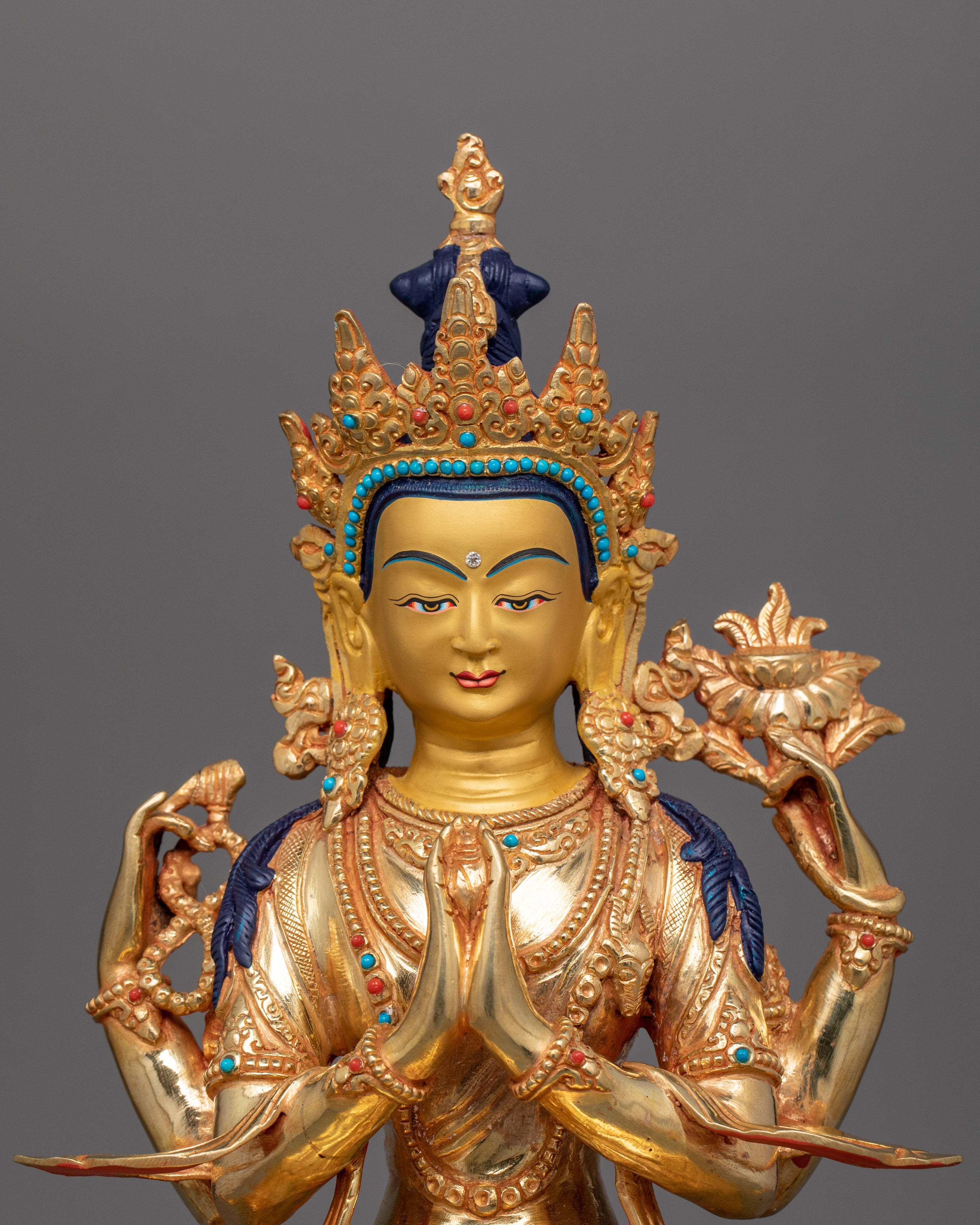 13.2 Inches Gold Gilded Chenrezig Statue | Symbol of compassion and enlightenment