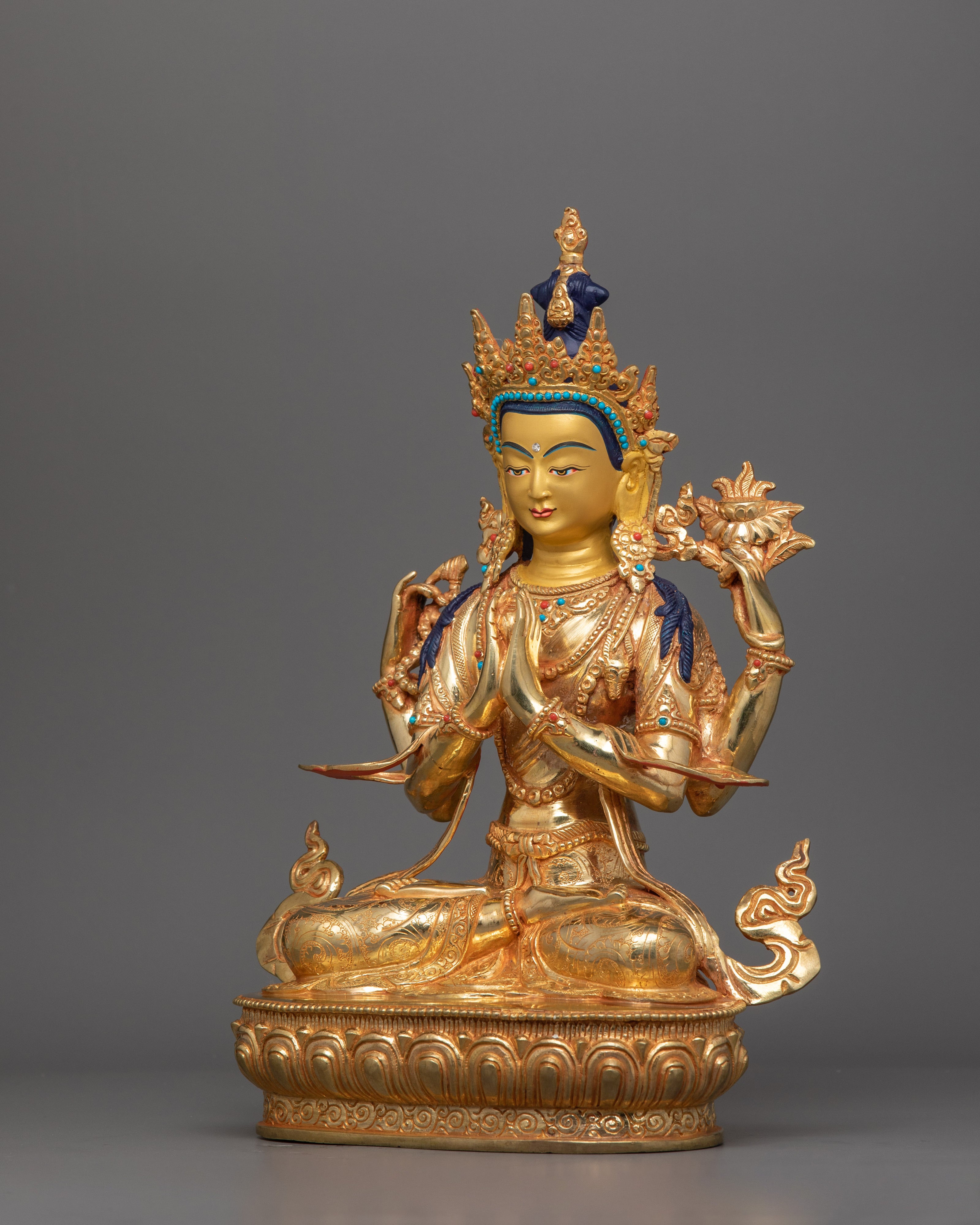 13.2 Inches Gold Gilded Chenrezig Statue | Symbol of compassion and enlightenment