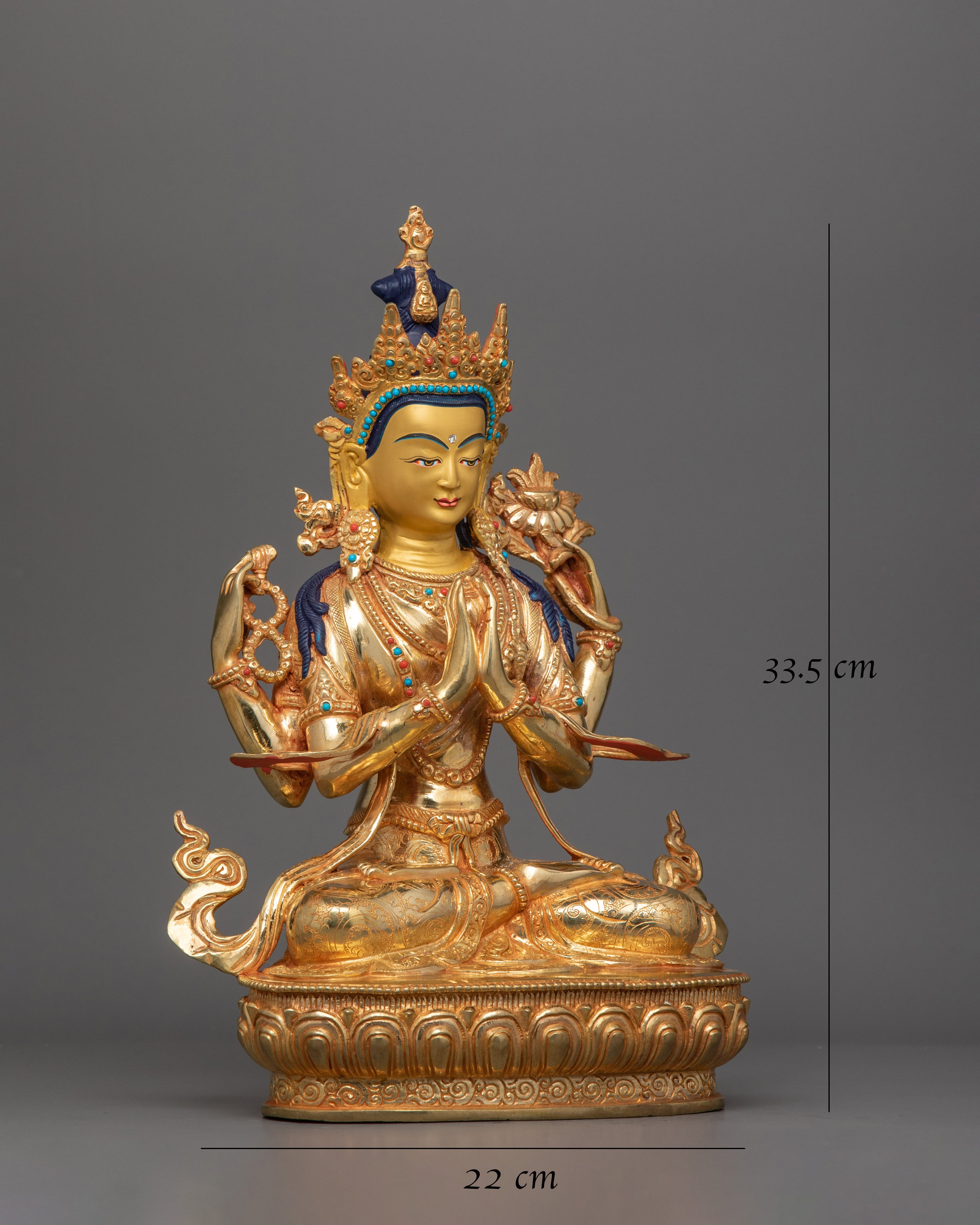 13.2 Inches Gold Gilded Chenrezig