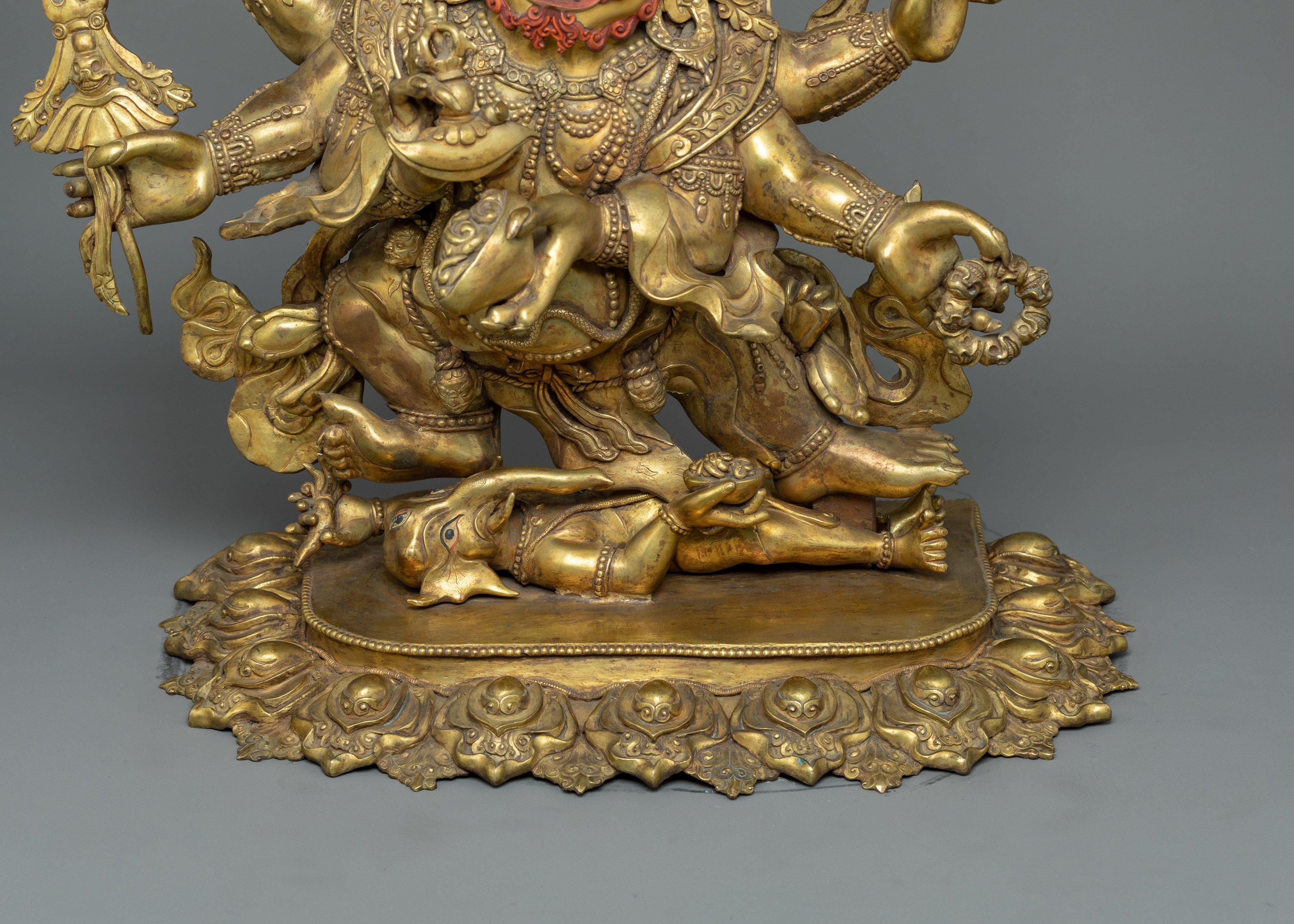 Traditionally Hand-carved Six-Armed Mahakala Figure | Buddhist Guardian of Dharma Statue