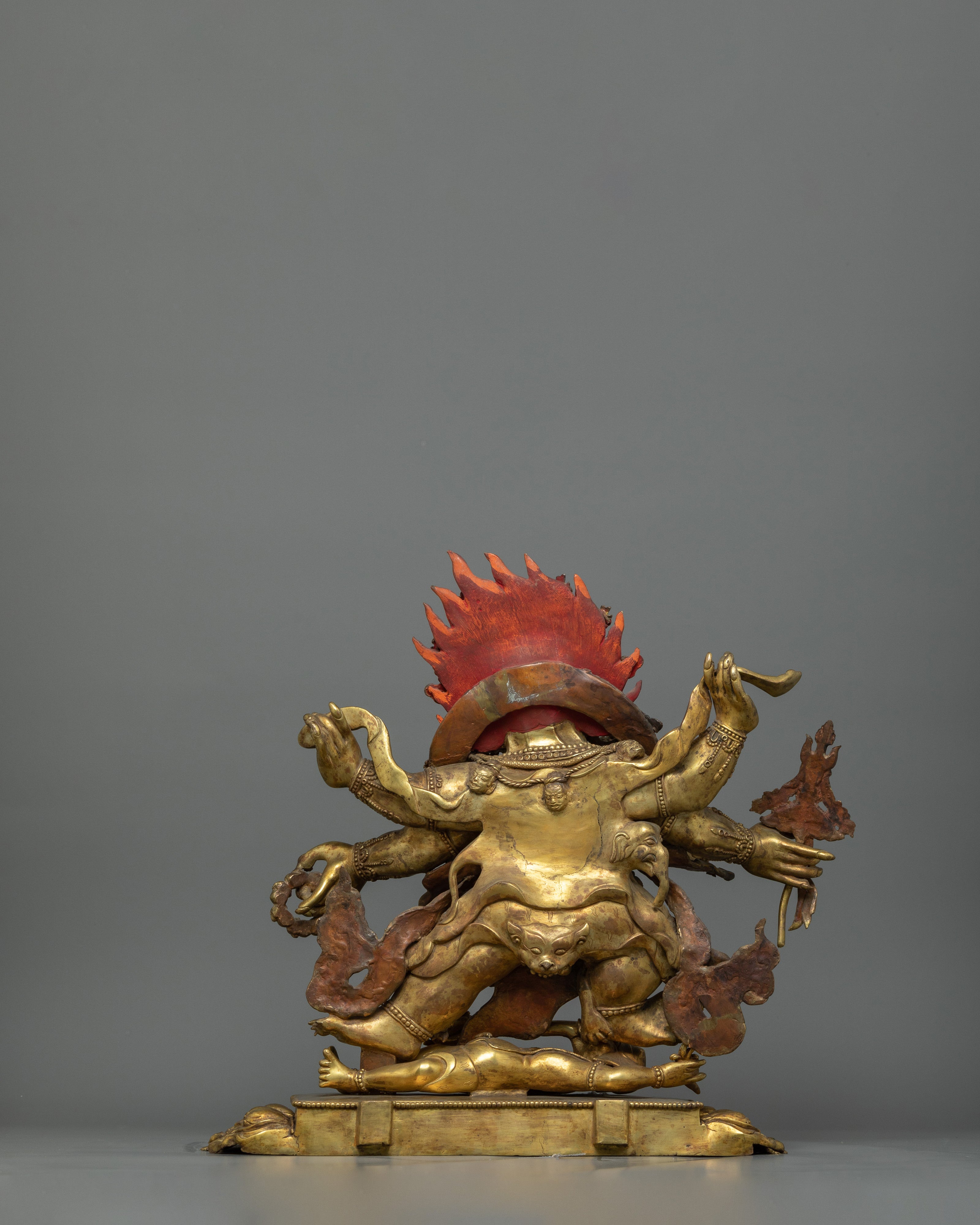 Traditionally Hand-carved Six-Armed Mahakala Figure | Buddhist Guardian of Dharma Statue