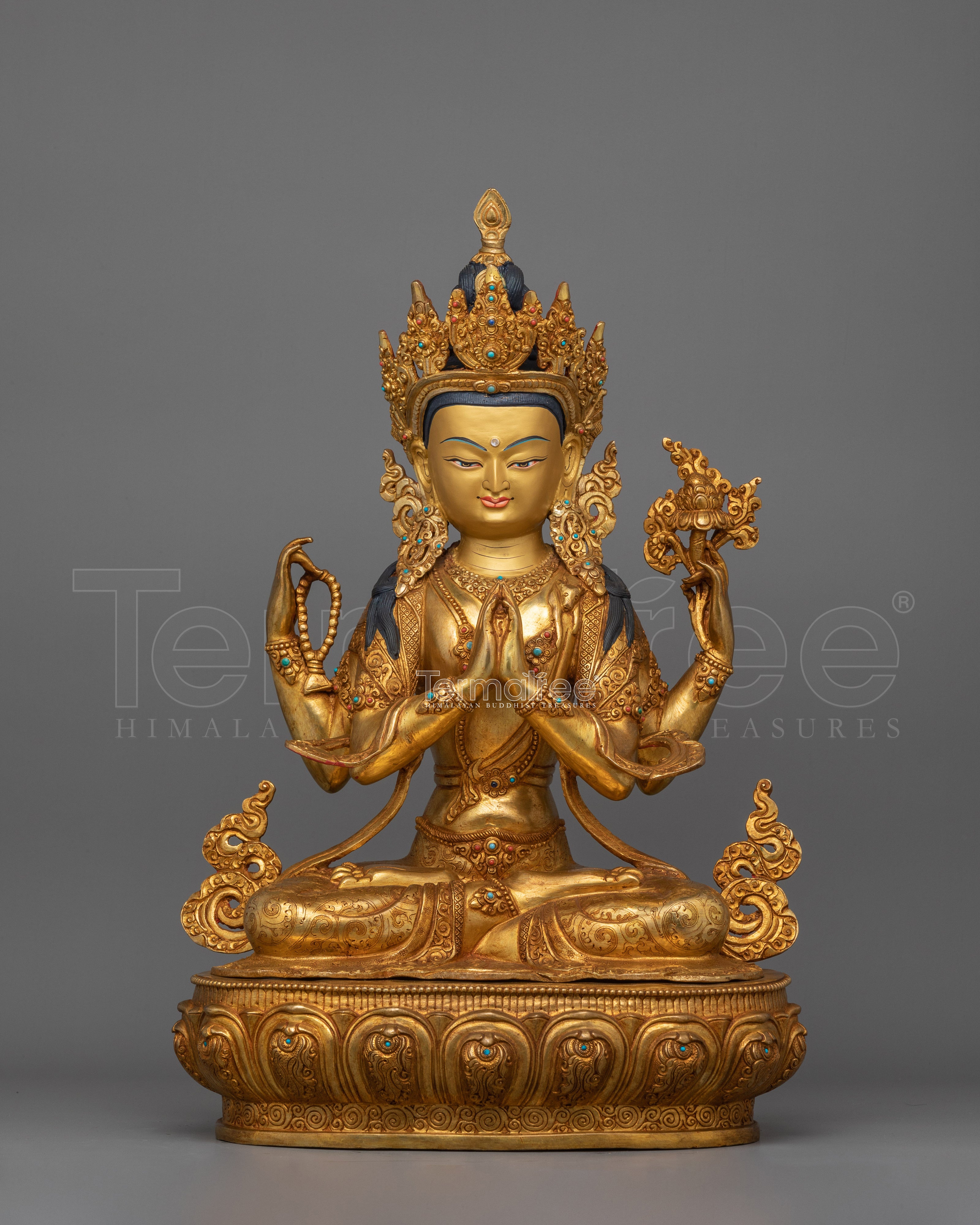 Tibetan Four Armed Handcrafted Chenrezig Statue | Bodhisattva Deity of Compassion
