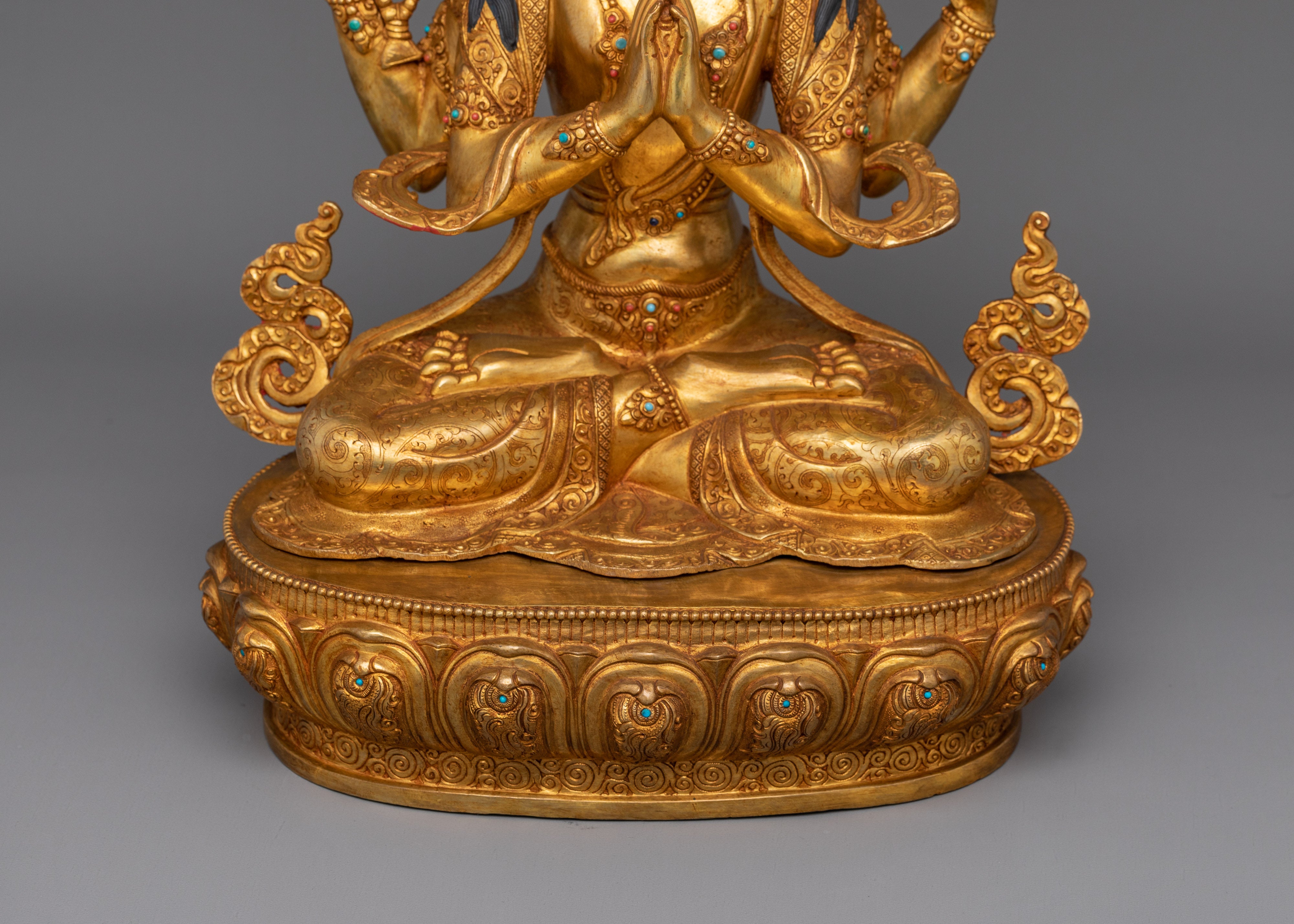 Tibetan Four Armed Handcrafted Chenrezig Statue | Bodhisattva Deity of Compassion