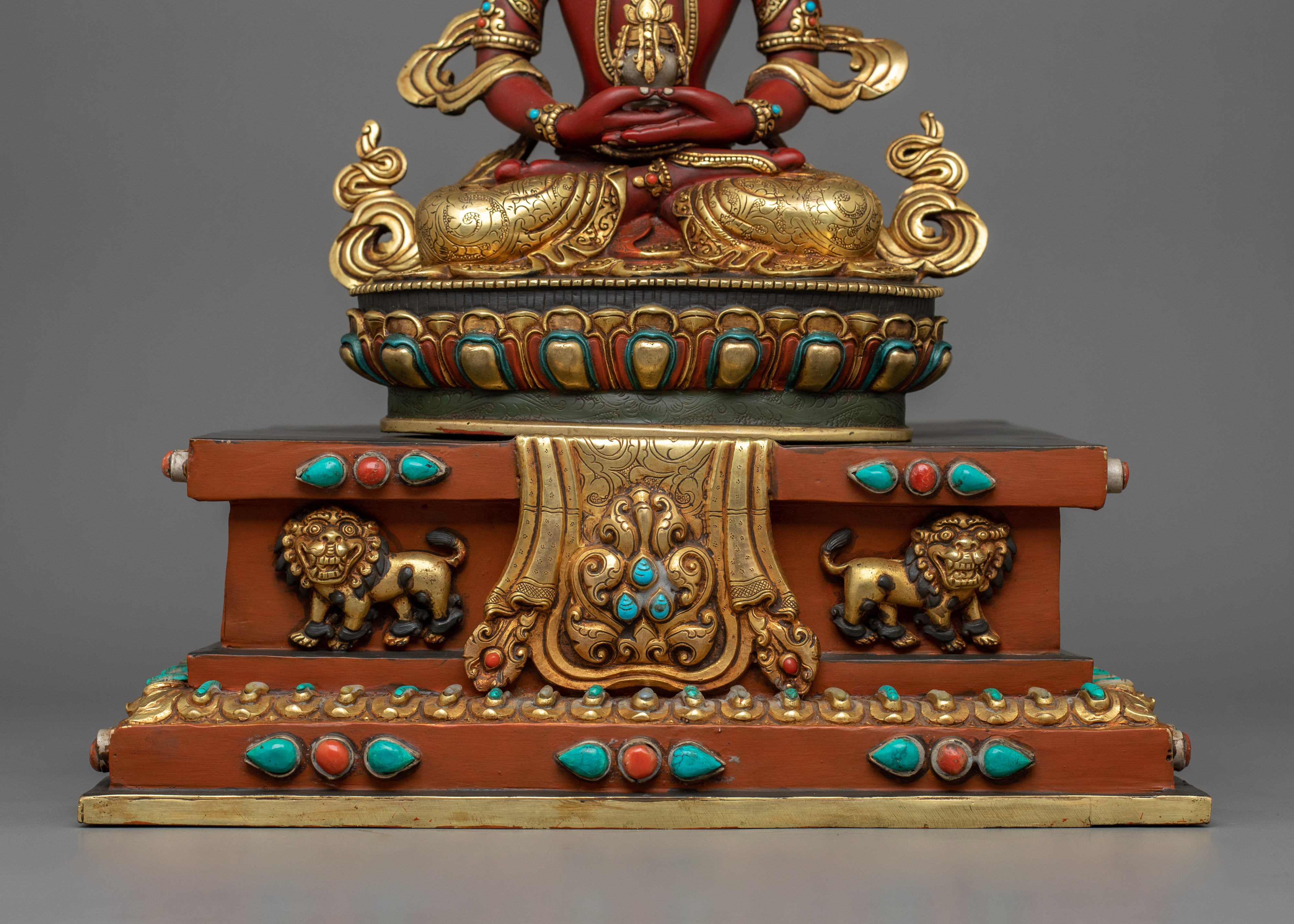 Traditional Statue of Amitayus on a Royal Throne | 24K Gold Gilded Copper Statue