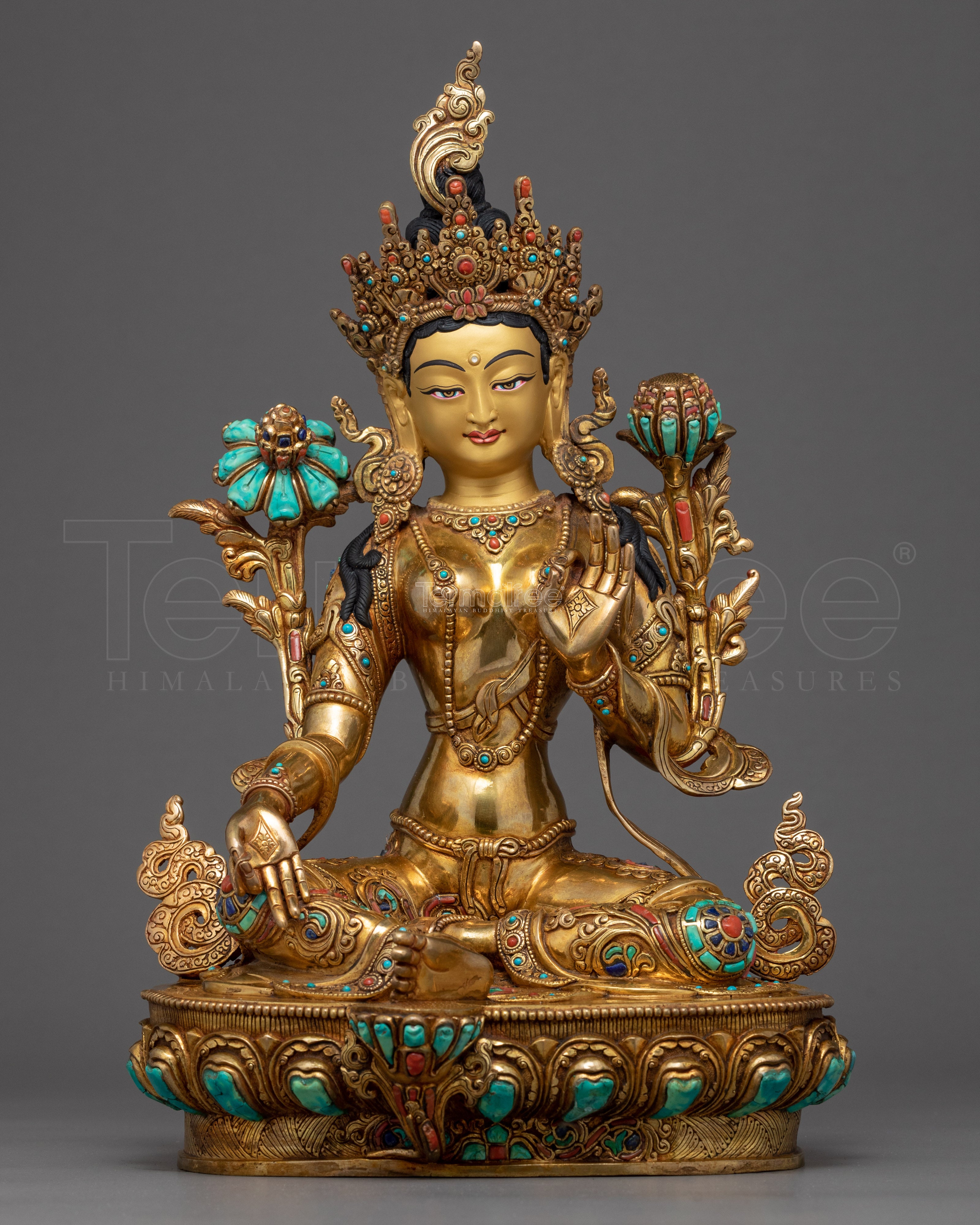 Green Tara Goddess Sculpture | Hand Carved 24K Gold Statue
