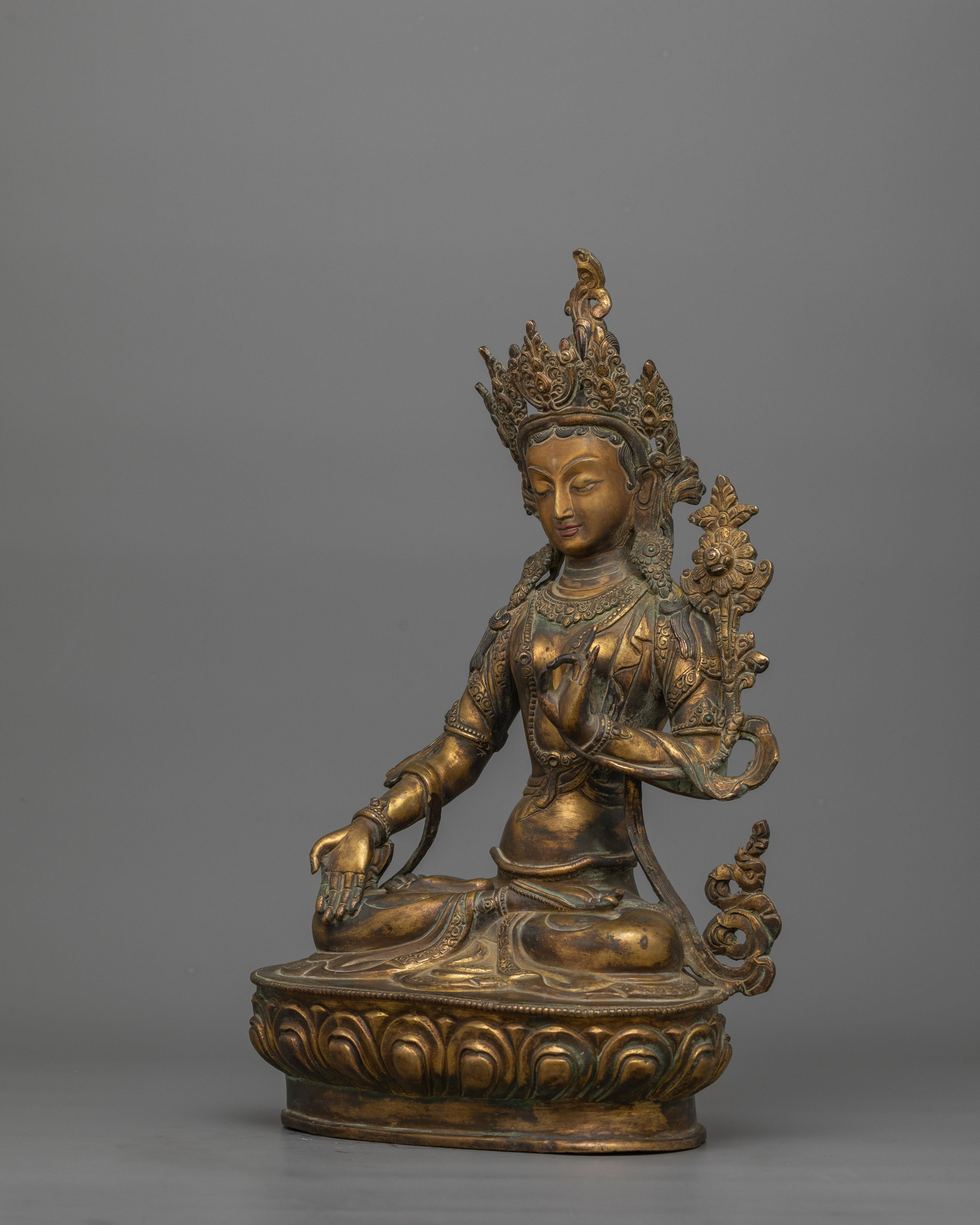 Tibetan White Tara Goddess Figurine – 24K Gold Gilded Buddhist Deity