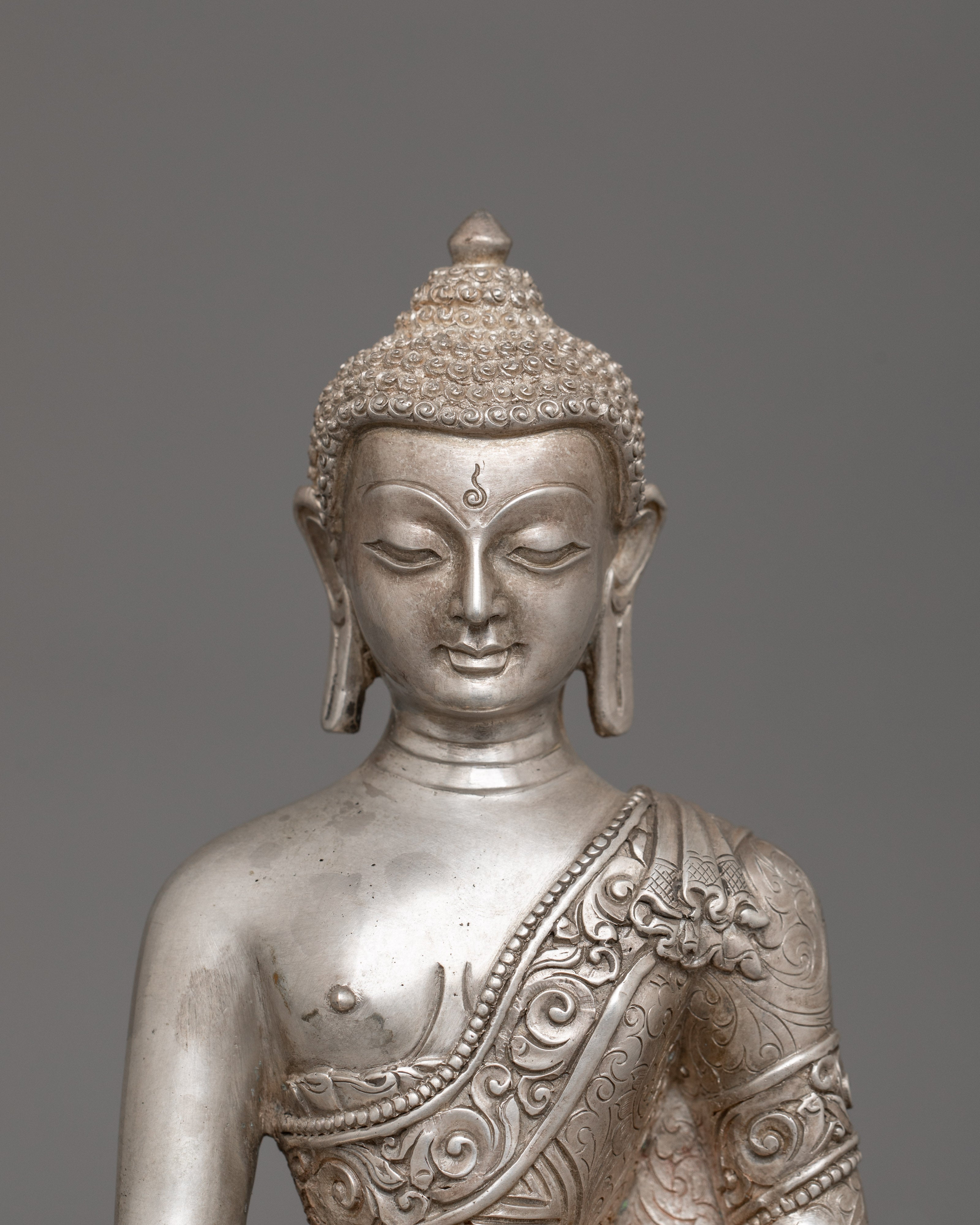 Silver Plated Shakyamuni Buddha Sculpture | Historical Buddha Statue